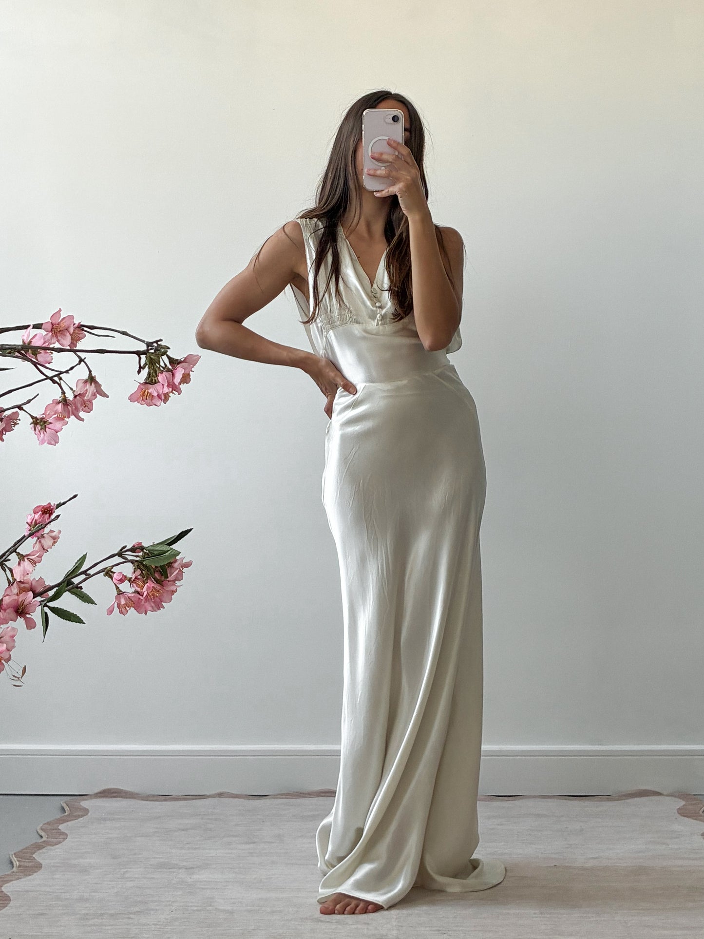 1930s Liquid Satin Bias-Cut Slip Wedding Dress With Matching Belt