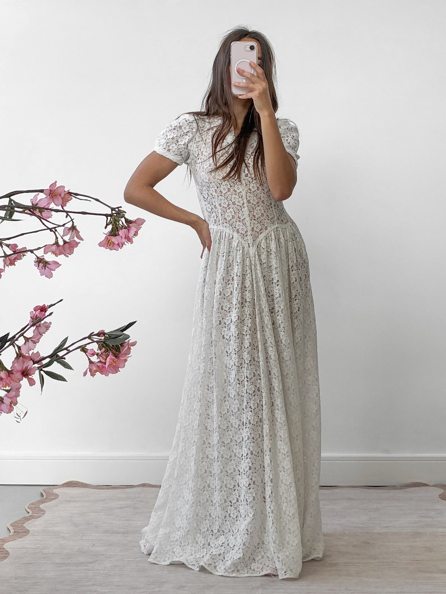 1930s Ivory Floral Lace Wedding Dress With Puff Sleeves And Sweep Train