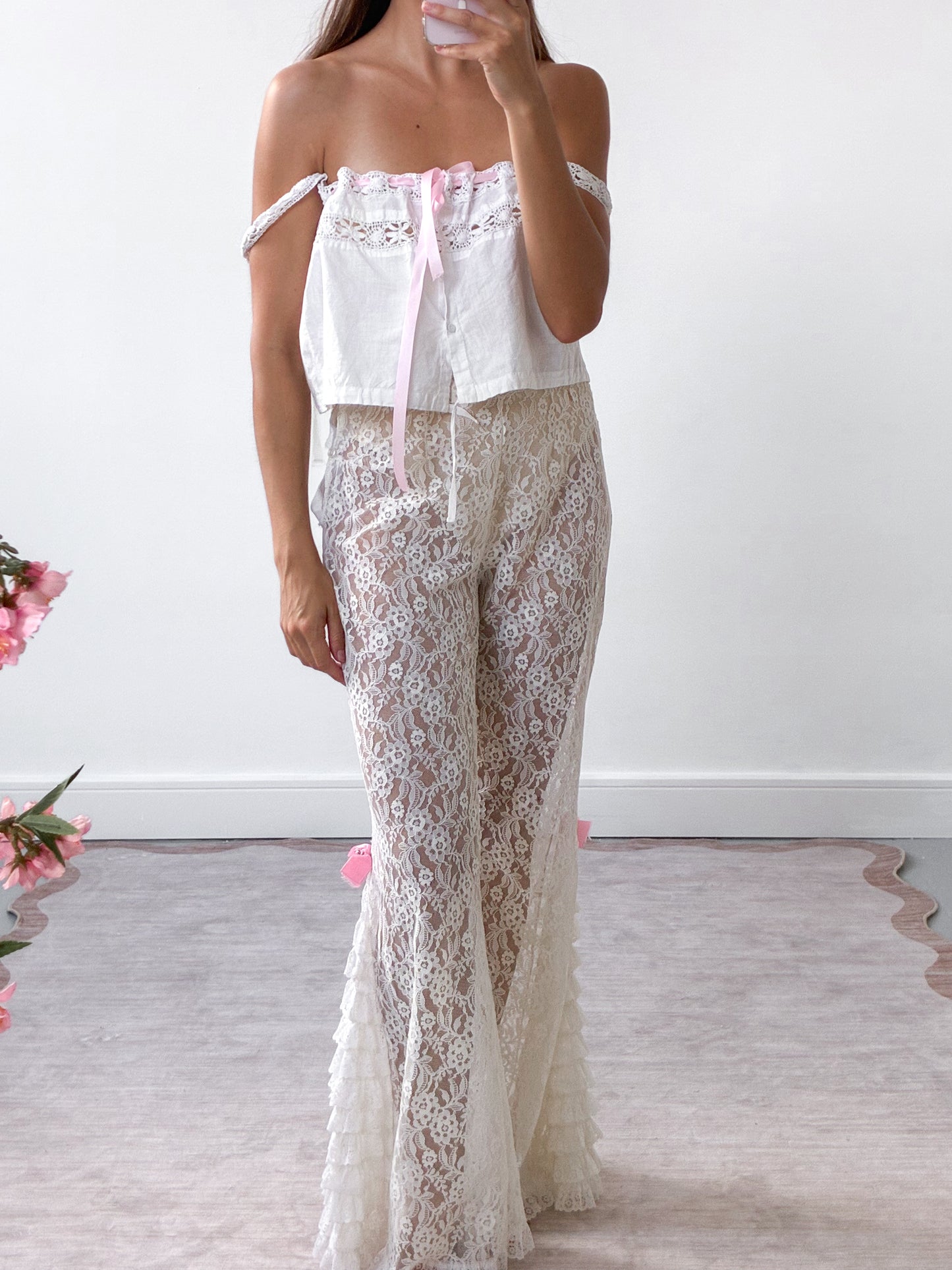 Antique Strappy Camisole With Pink Ribbon