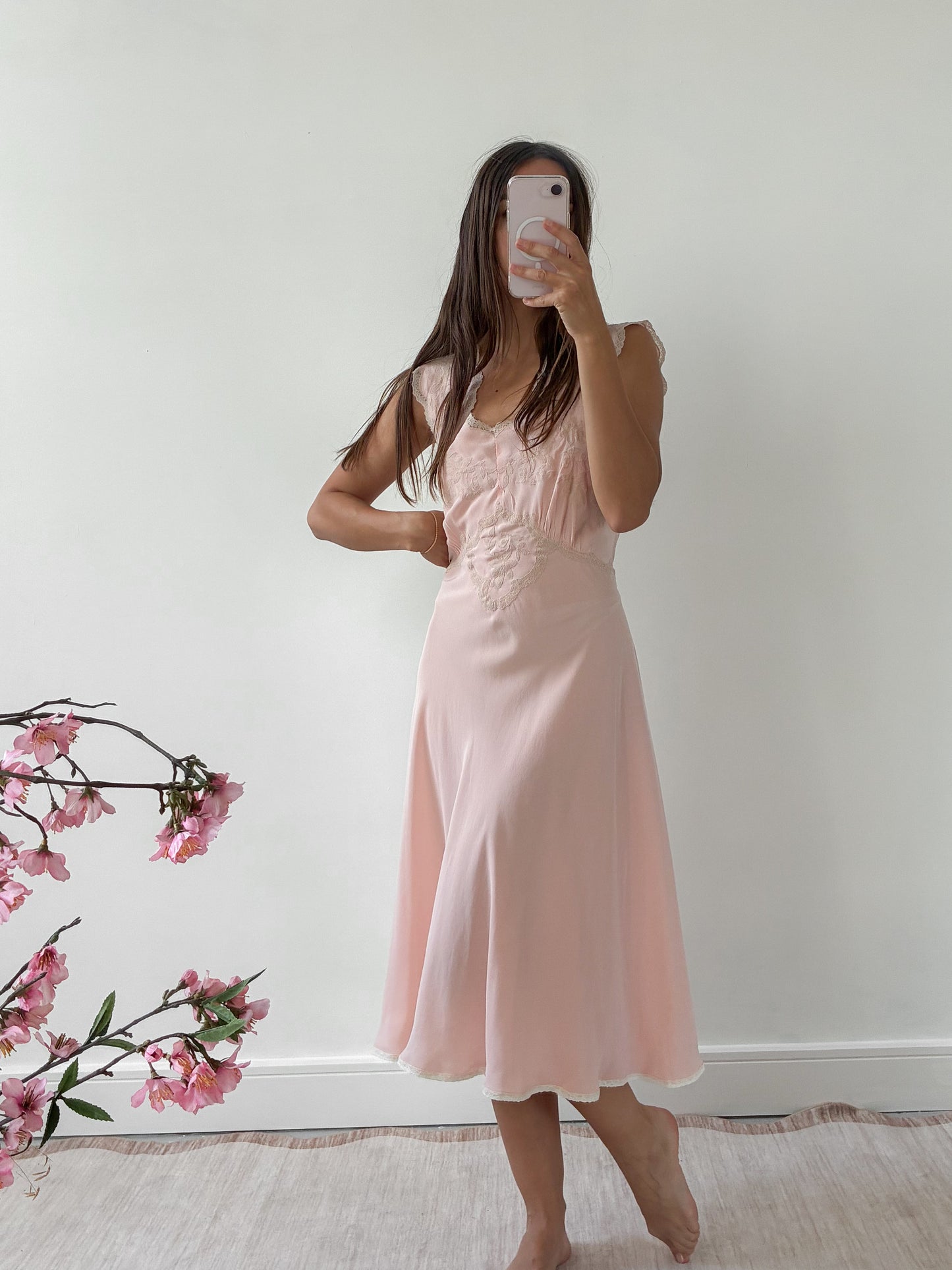 1930s Silk Midi Slip With Floral Lace M L