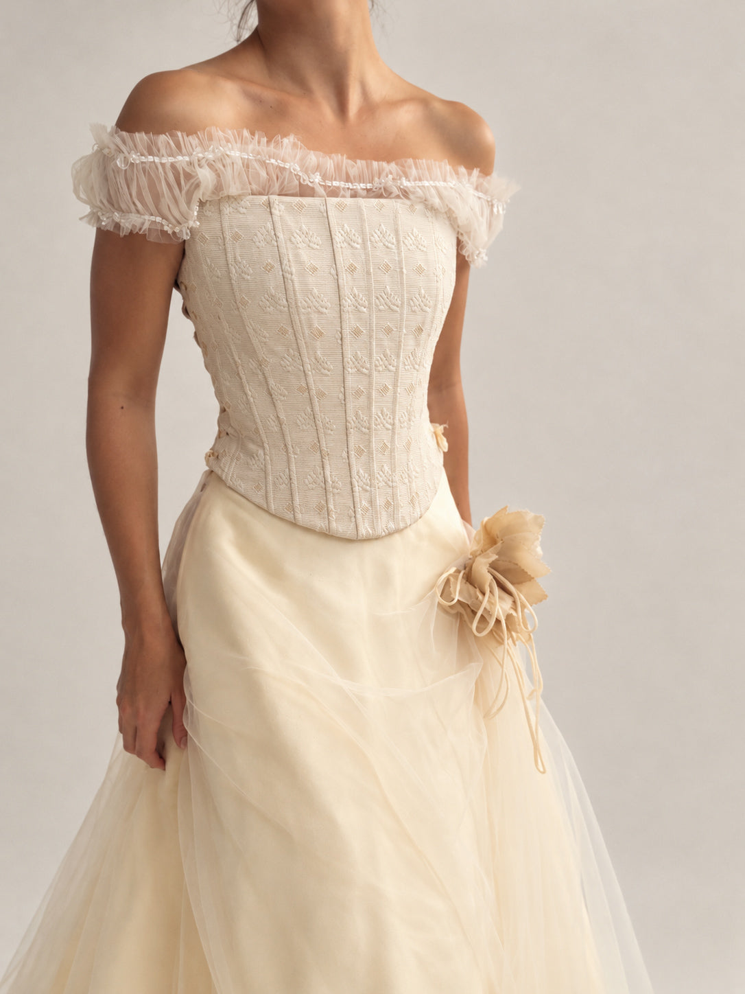 1990s Italian Bridal Two Piece With Embroidered Corset & Tulle Skirt XS S