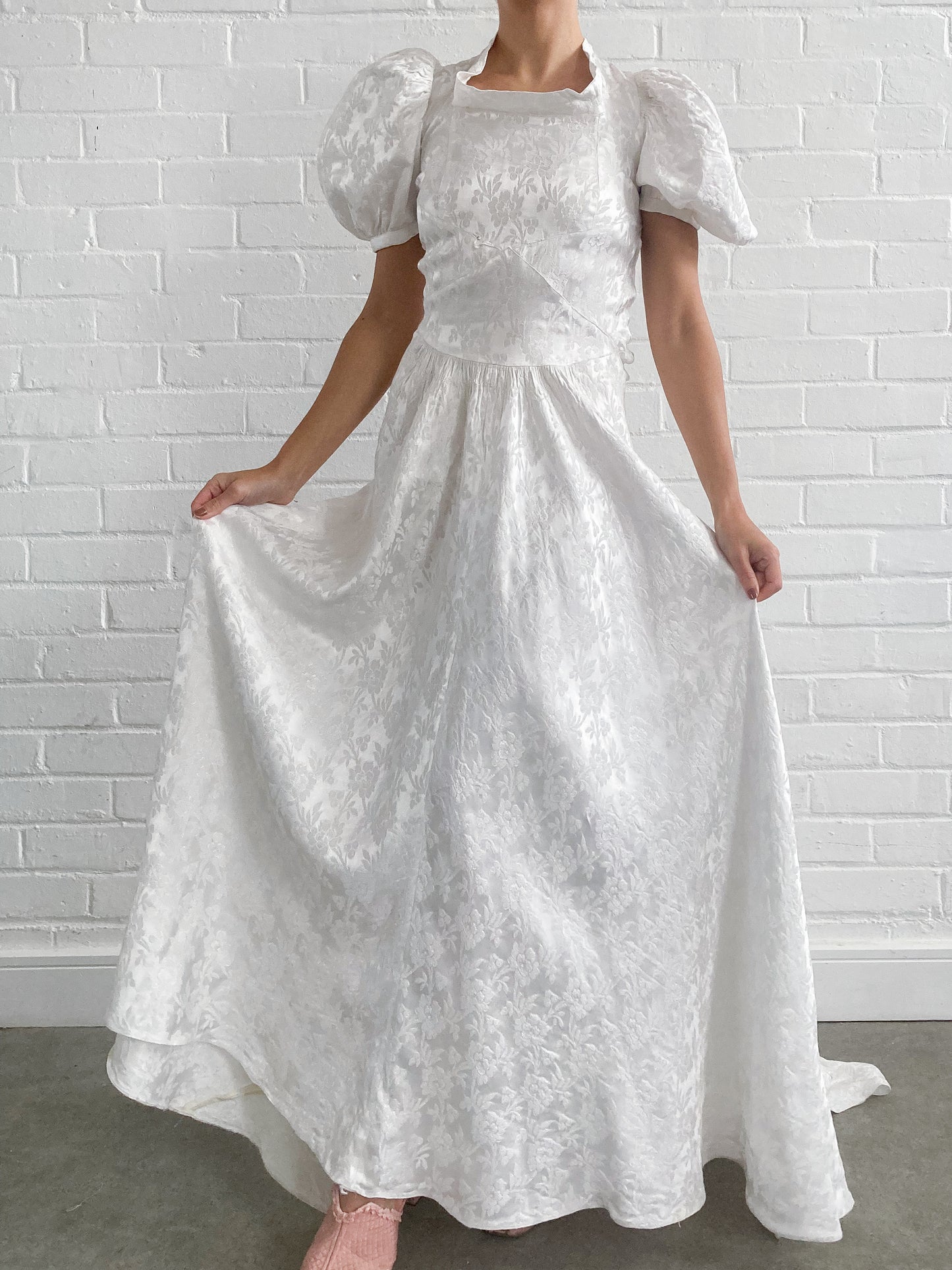 1930s Ivory Jacquard Wedding Gown With Puff Sleeves and Chapel Train