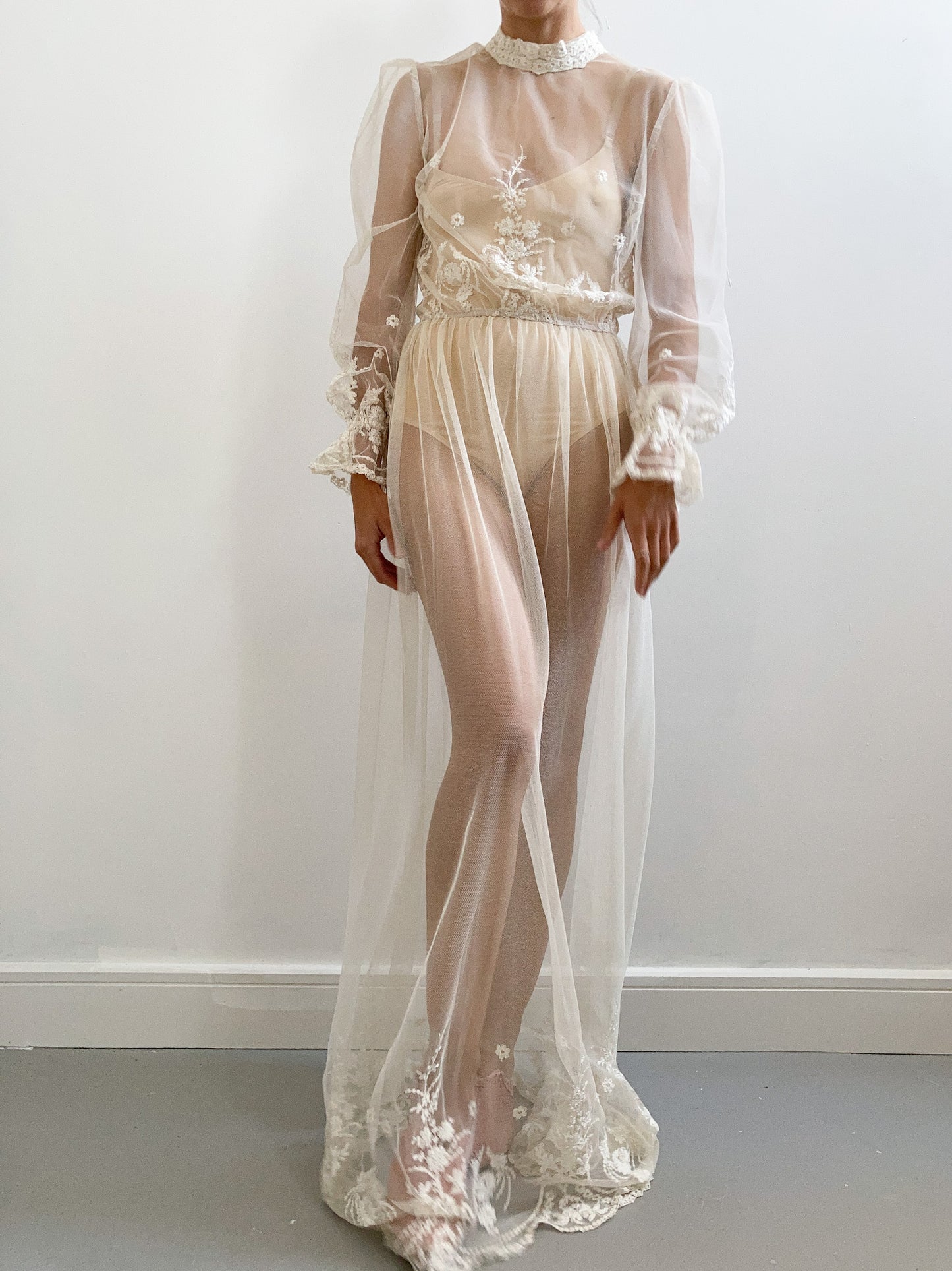 Vintage Sheer Net Wedding Dress with Flower Embroidery – Adored Closet