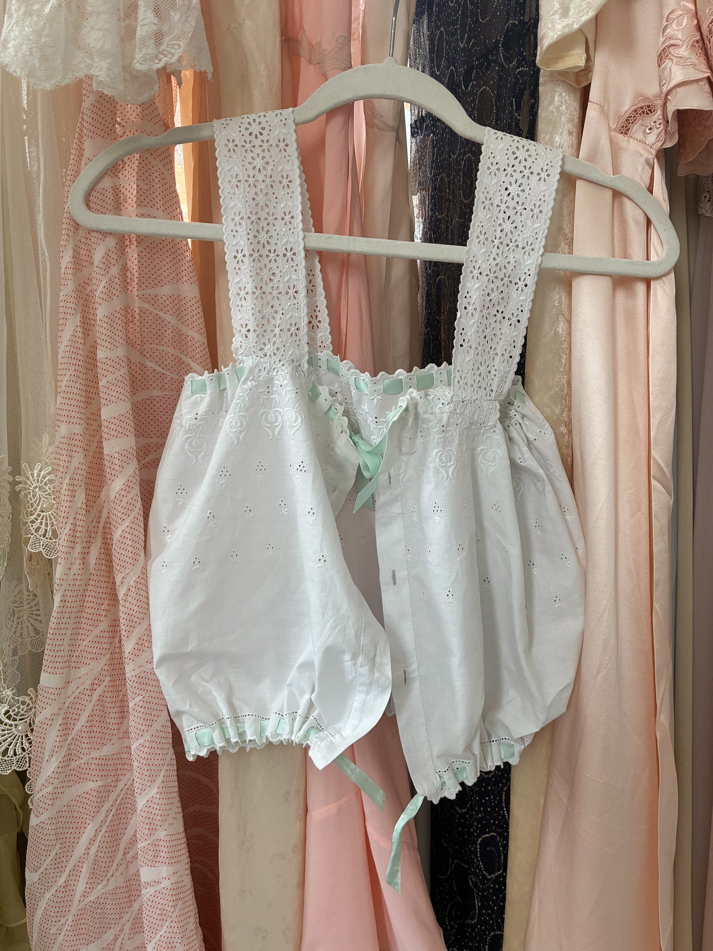 Antique Cotton Embroidered Camisole With Green Ribbon XS S