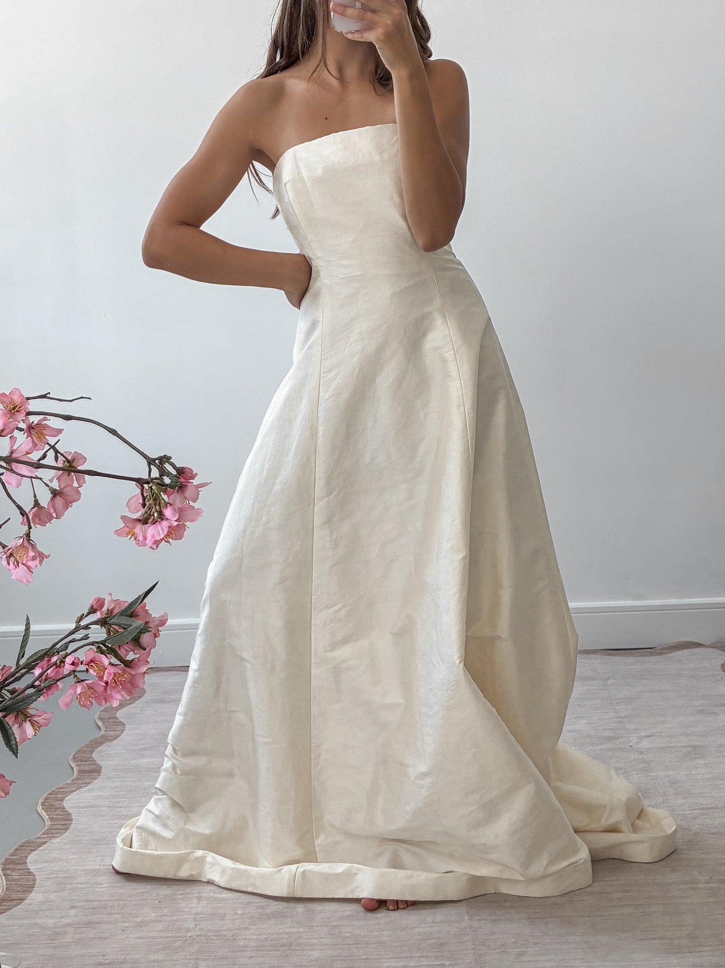 1990s Strapless Silk Boned Wedding Dress With Train And Convertible Beaded Trim