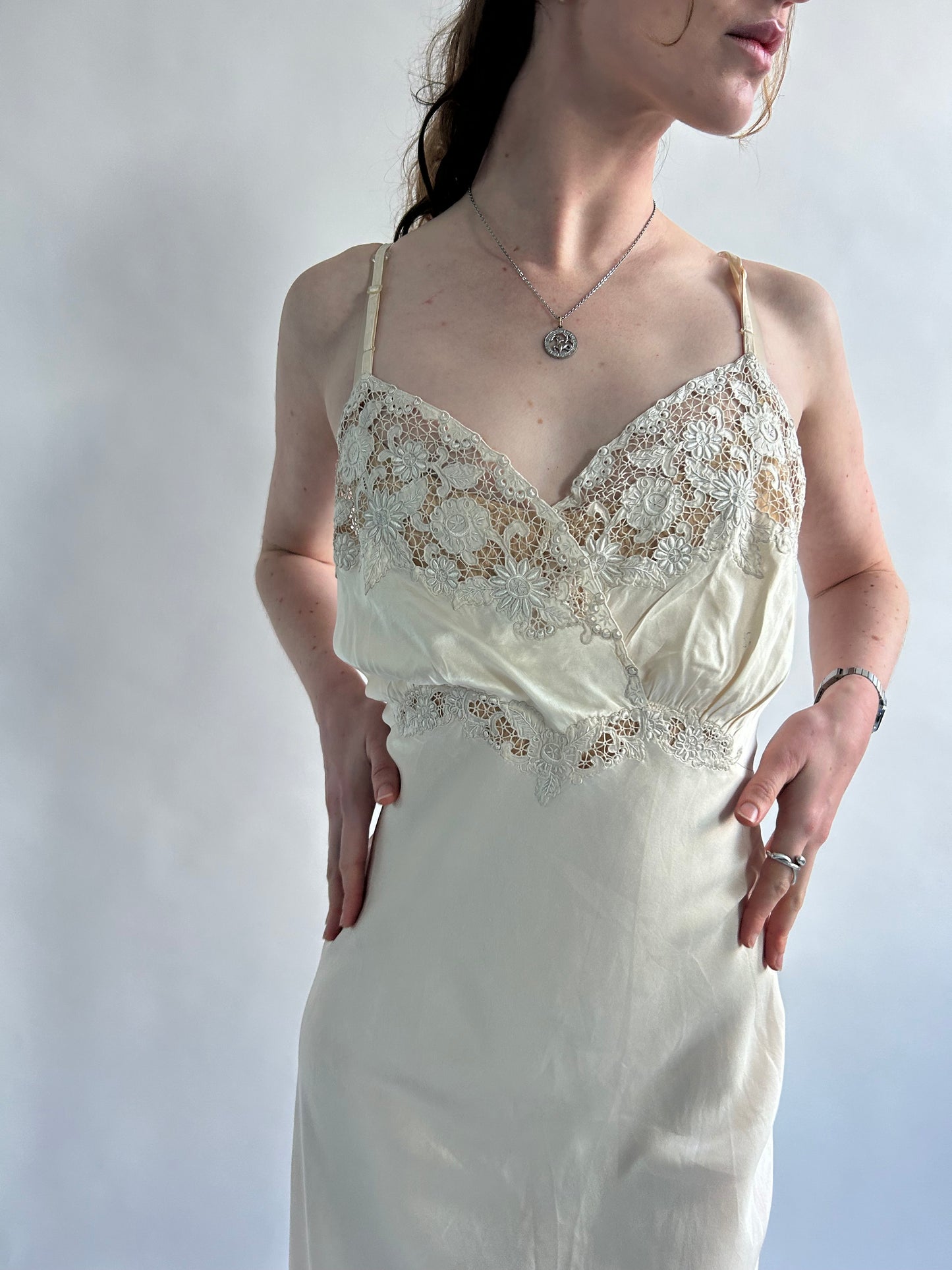 1930s Vanilla Silk Slip With Floral Embroidery