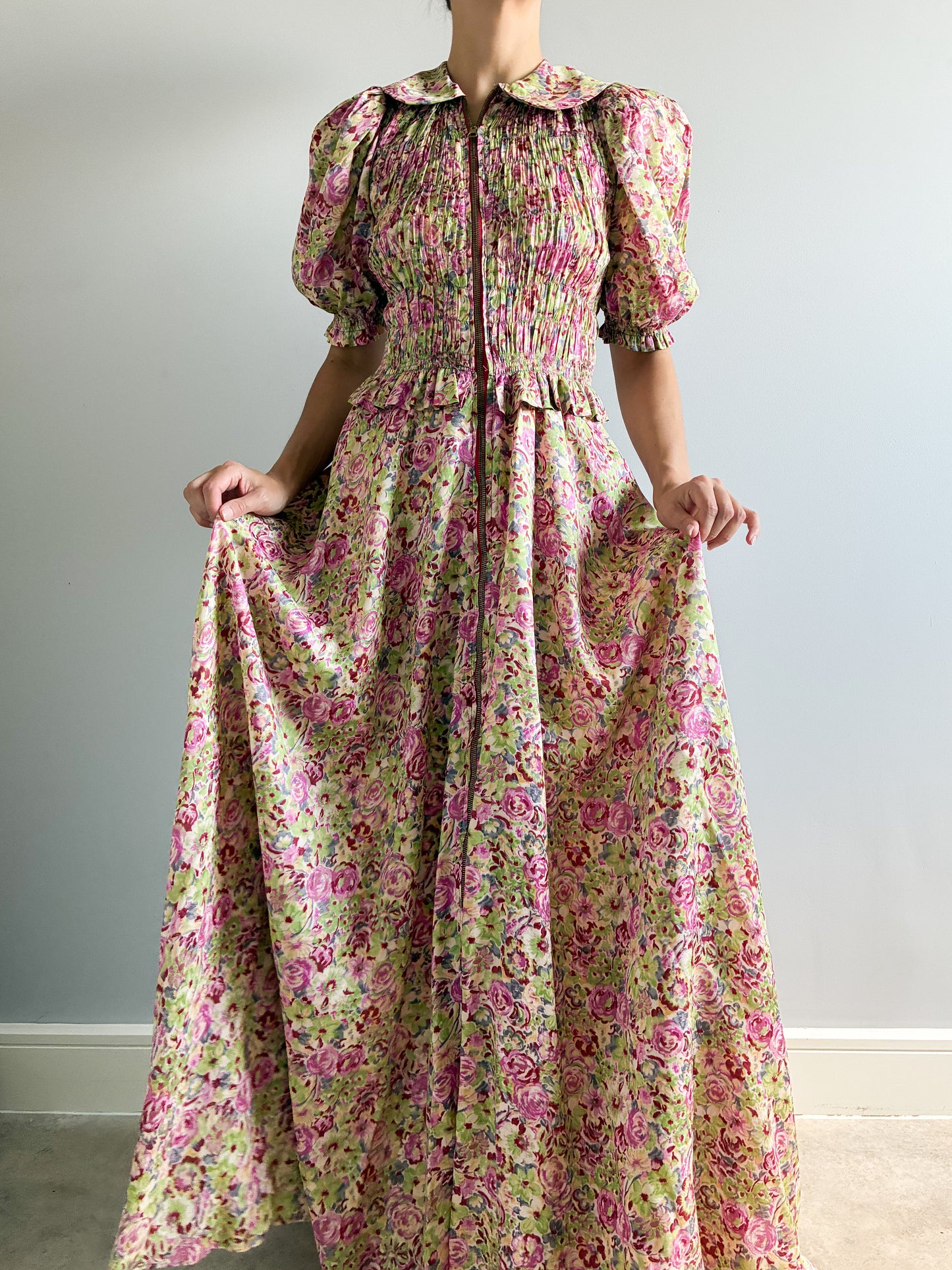 1930s Asymmetrical Floral Puff Sleeve Robe