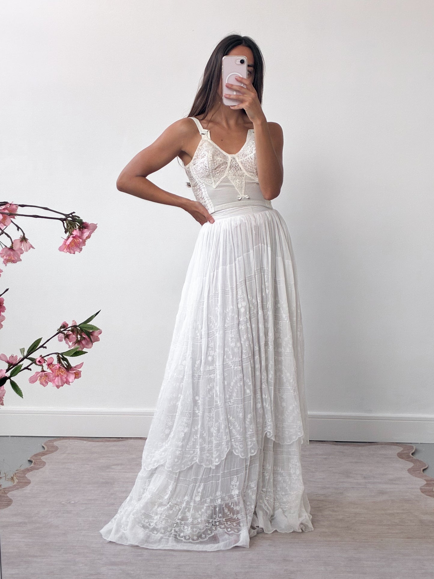 Edwardian Tiered Cotton Lawn Skirt With Floral Embroidery