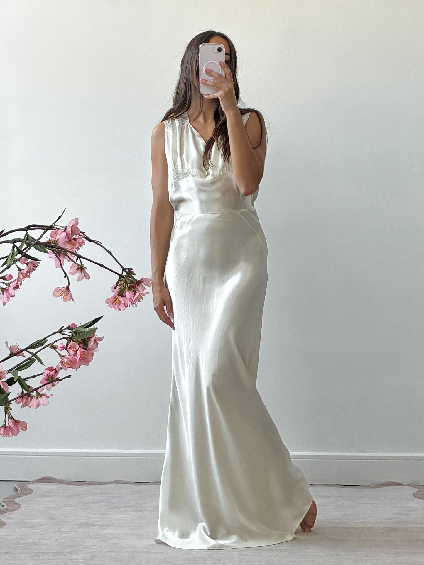 1930s Liquid Satin Bias-Cut Slip Wedding Dress With Matching Belt