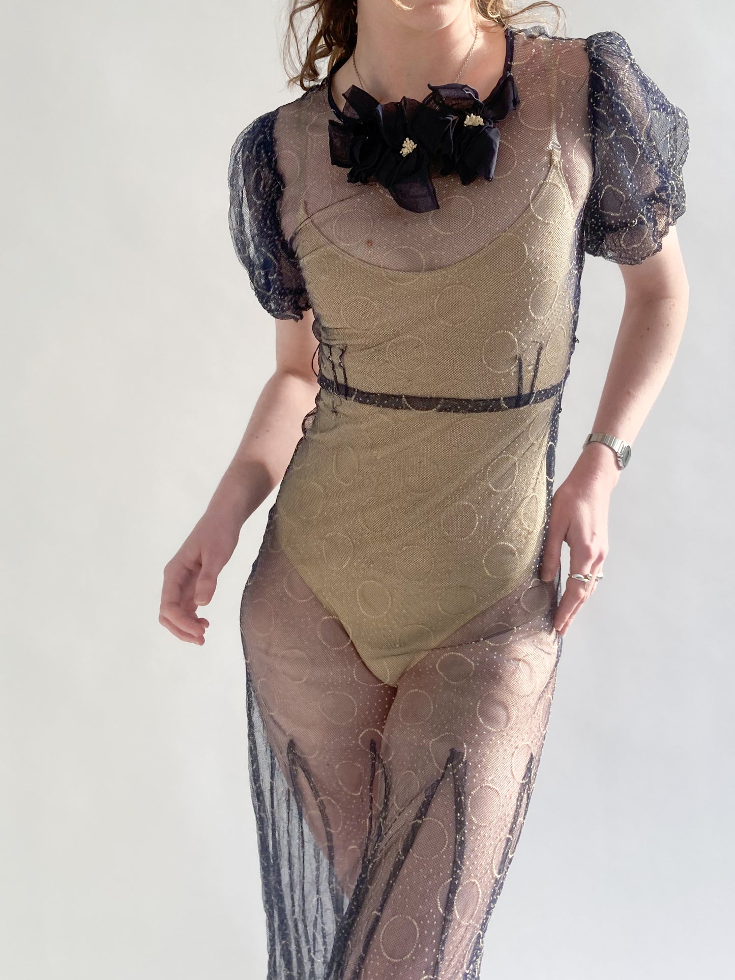 1930s Puff Sleeve Net Dress In Midnight Blue