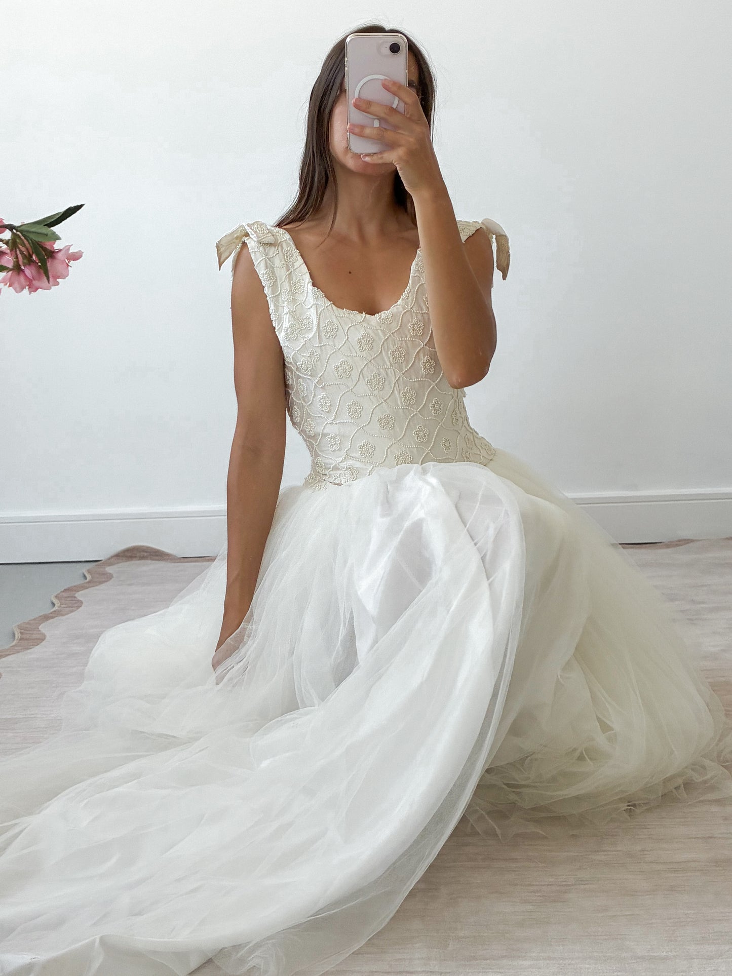 1990s Tulle Gown With Silk & Pearl Embroidered Corset And Bow Detail