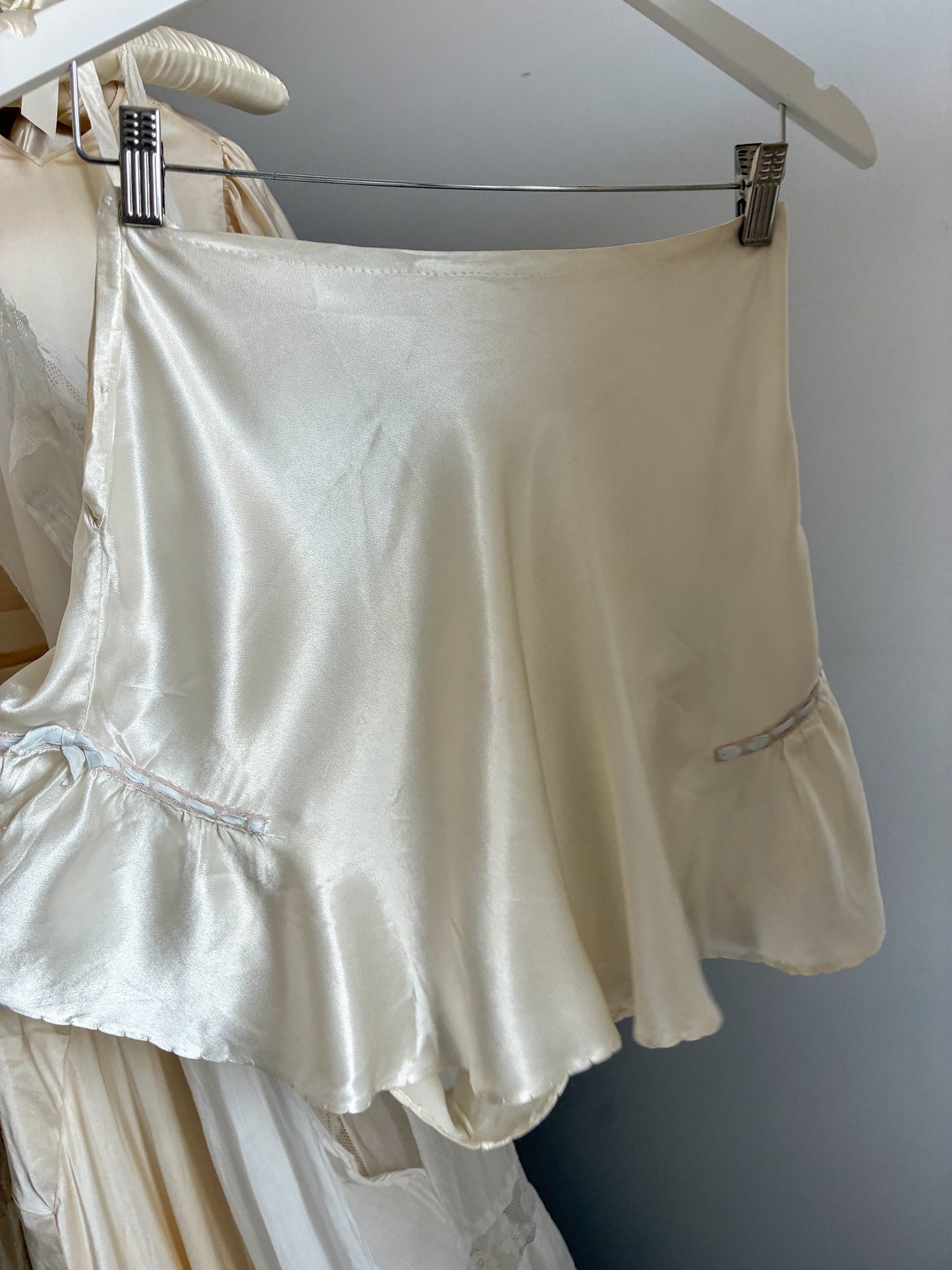 1930s Satin Tap Pants With Lace Trim & Blue Ribbon