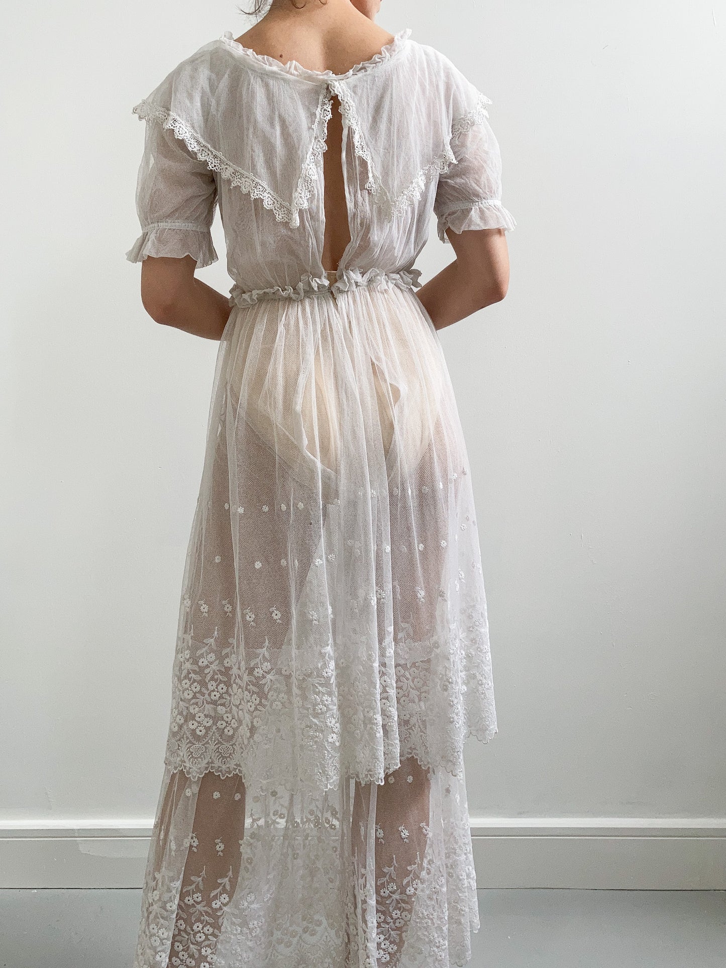 Antique Embroidered Net Tiered Wedding Dress with Collar