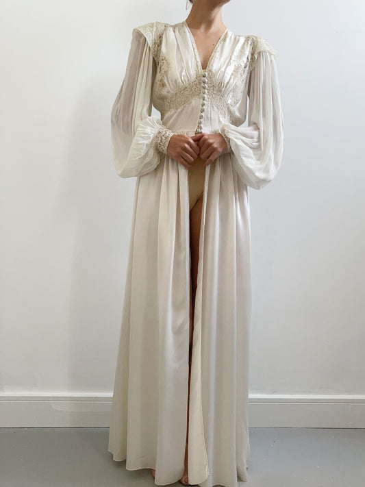 1930s Ivory Robe with Puff Sleeves and Alencon Lace