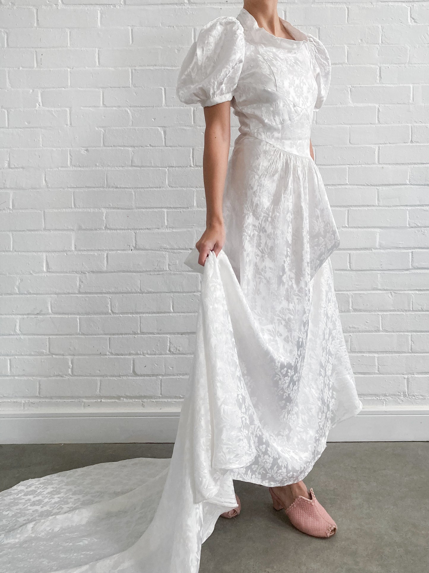 1930s Ivory Jacquard Wedding Gown With Puff Sleeves and Chapel Train