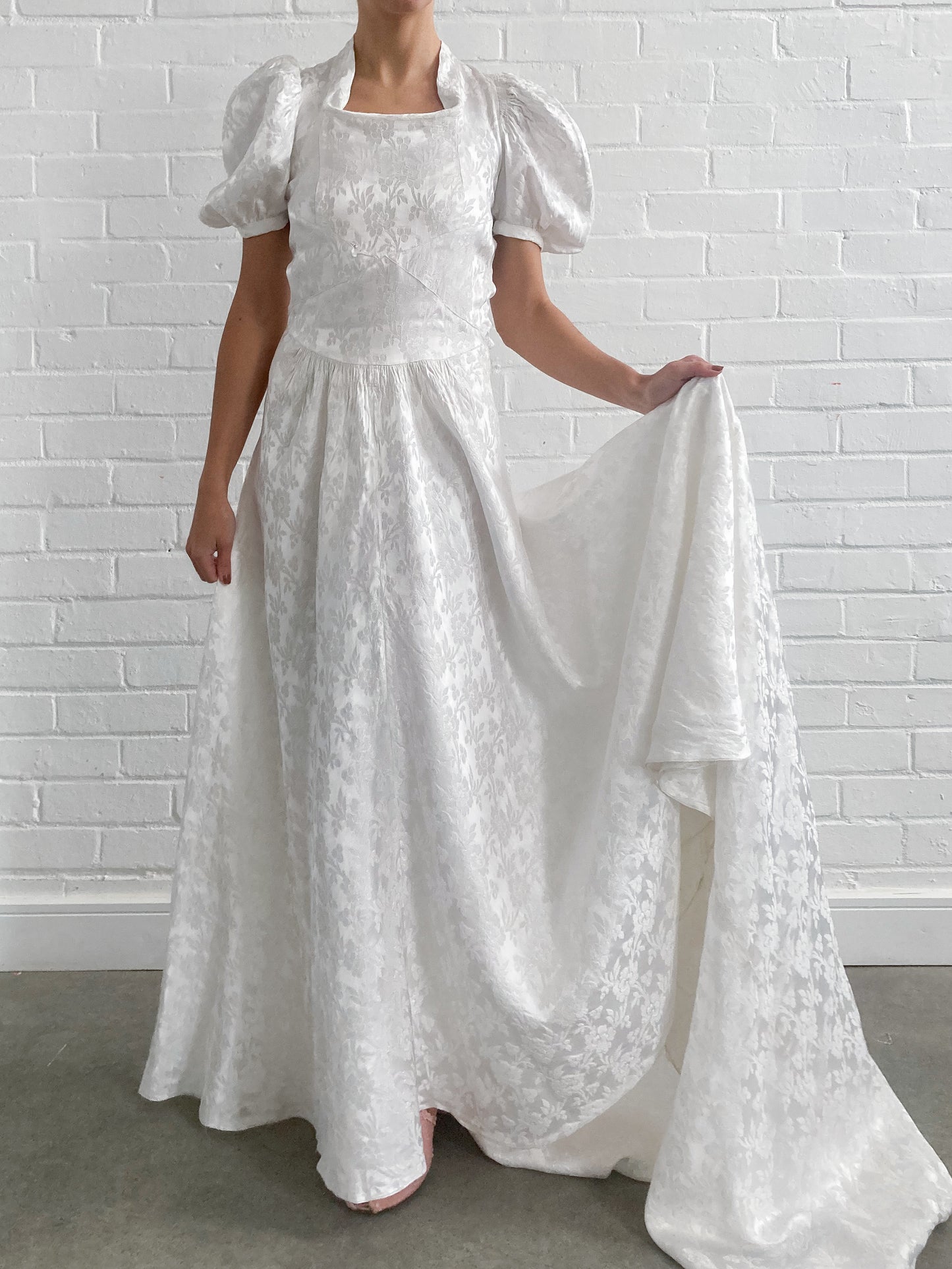 1930s Ivory Jacquard Wedding Gown With Puff Sleeves and Chapel Train