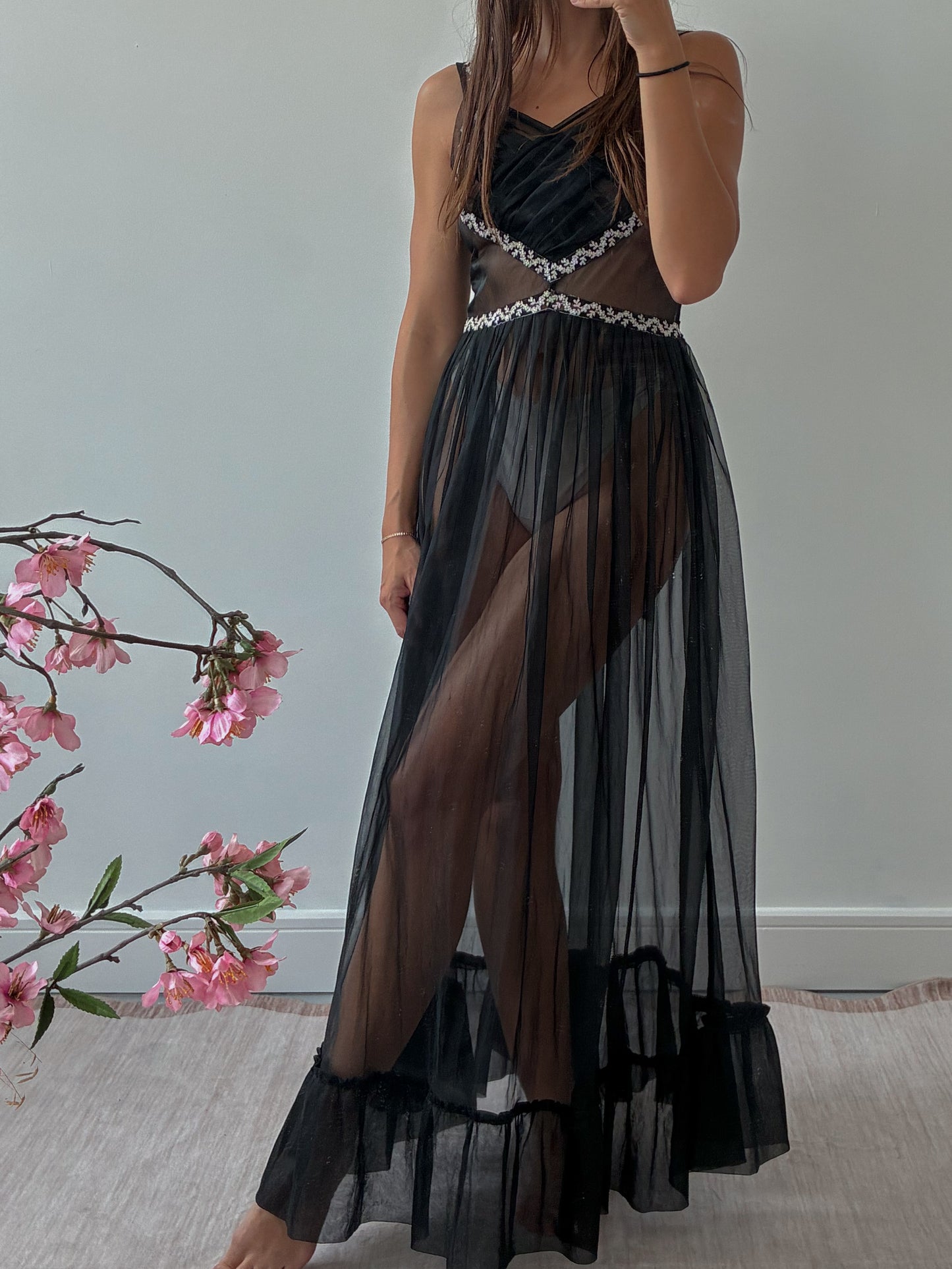 1950s Black Sheer Nightdress With Floral Embroidery