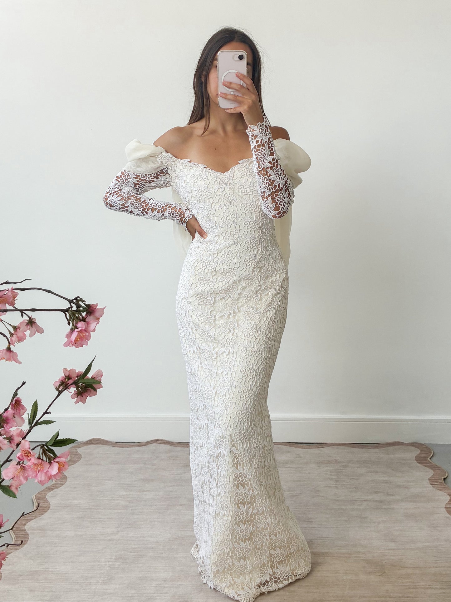 1980s Lace And Chiffon Column Dress With Detachable Cathedral Train S M