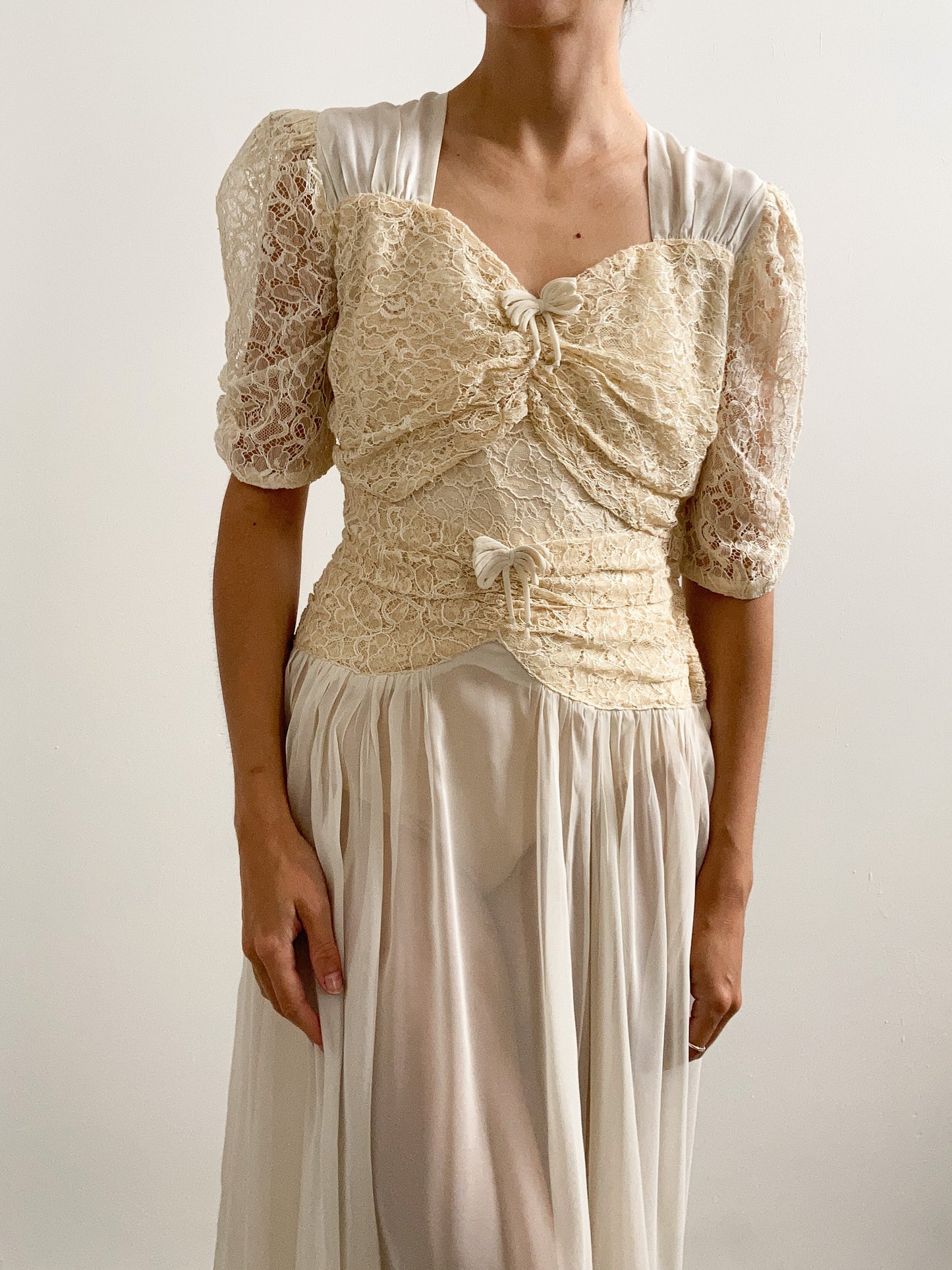 1940s Champagne Lace and Chiffon Wedding Dress with Bows