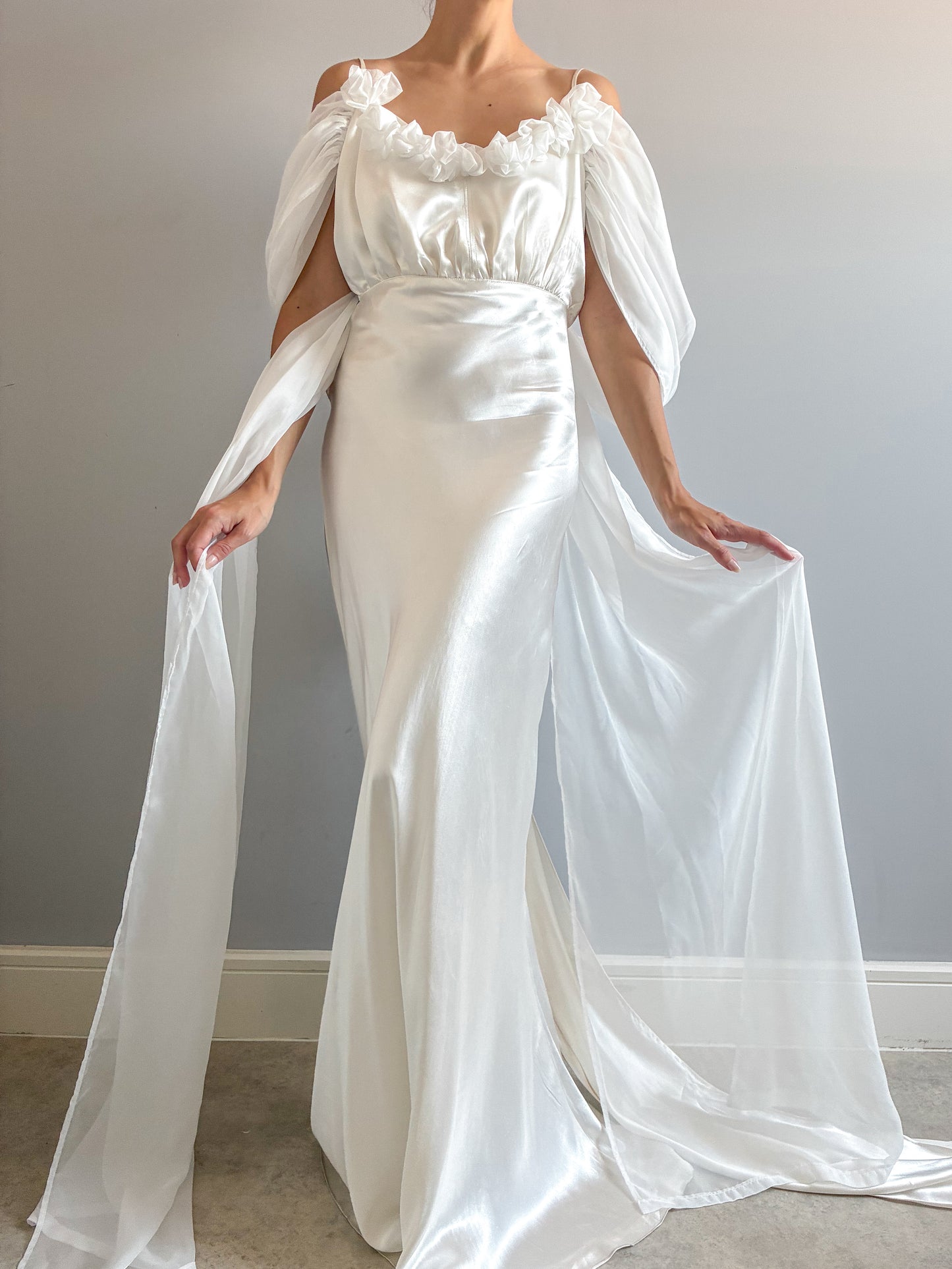 1930s Silk Wedding Gown With Chiffon Sleeves And Bow Detail