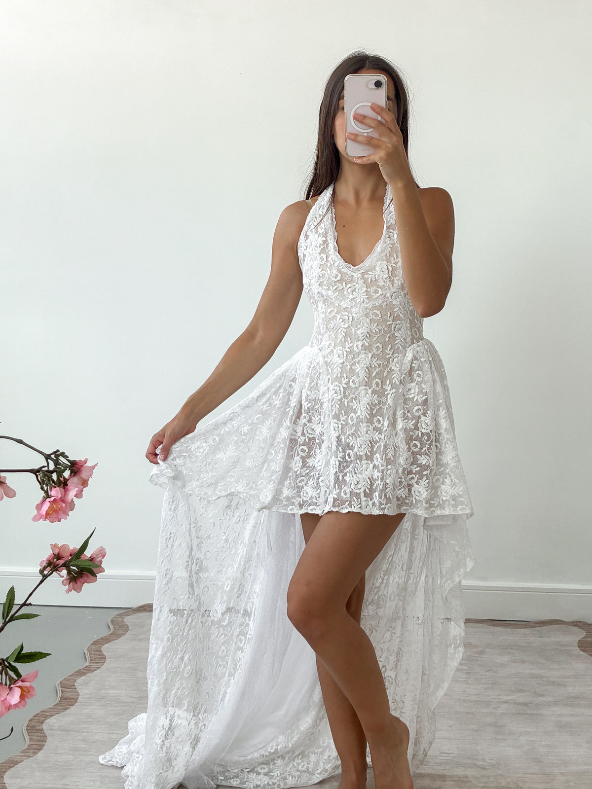 1940s Reimagined High-Low Floral Lace Dress With Net Veil Train M L
