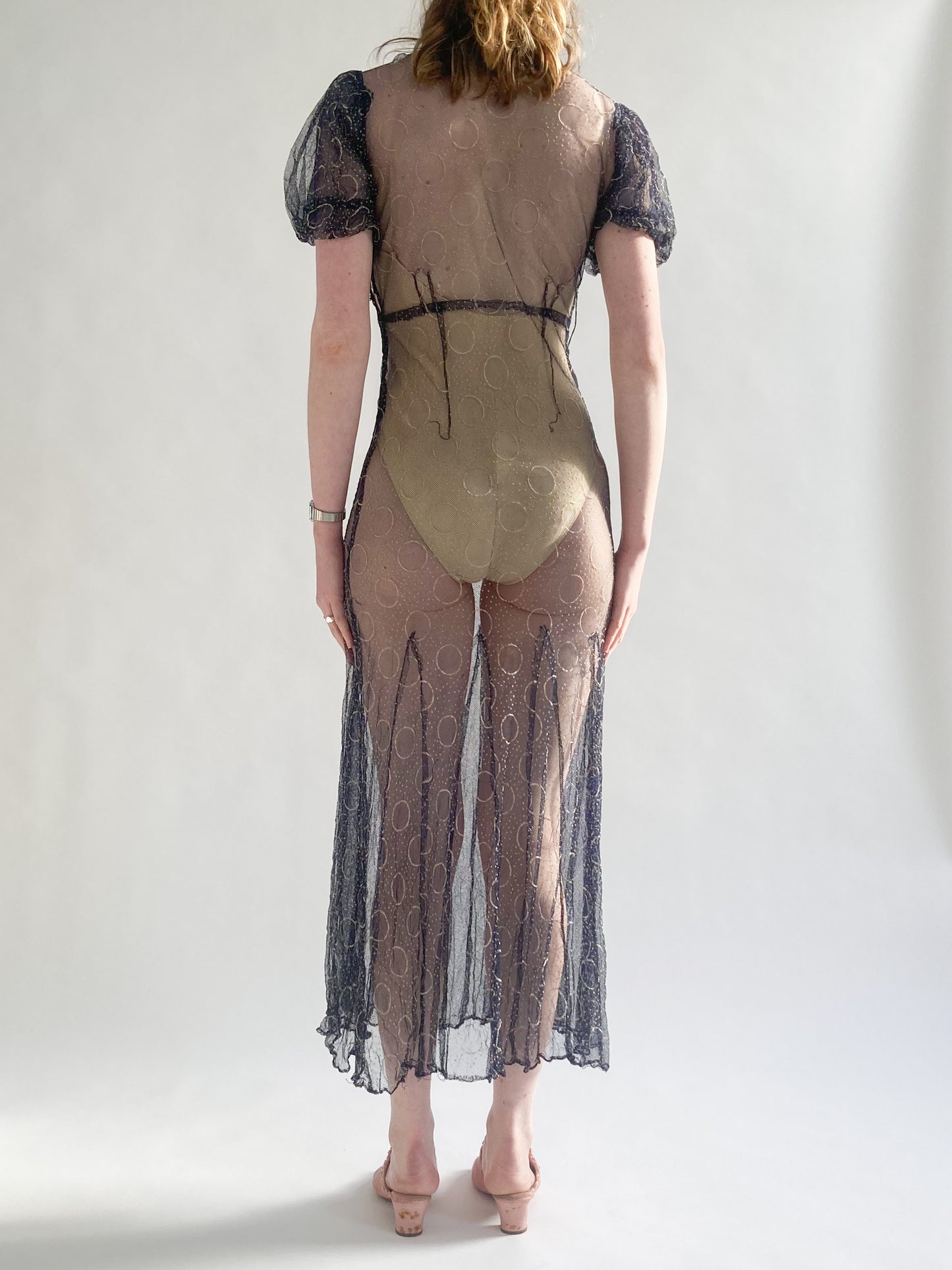 1930s Puff Sleeve Net Dress In Midnight Blue