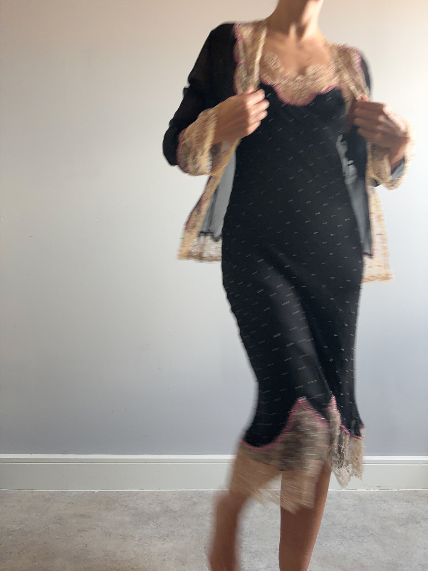 1990s Rare Designer Silk Chiffon Slip and Jacket Set With Chantilly Lace