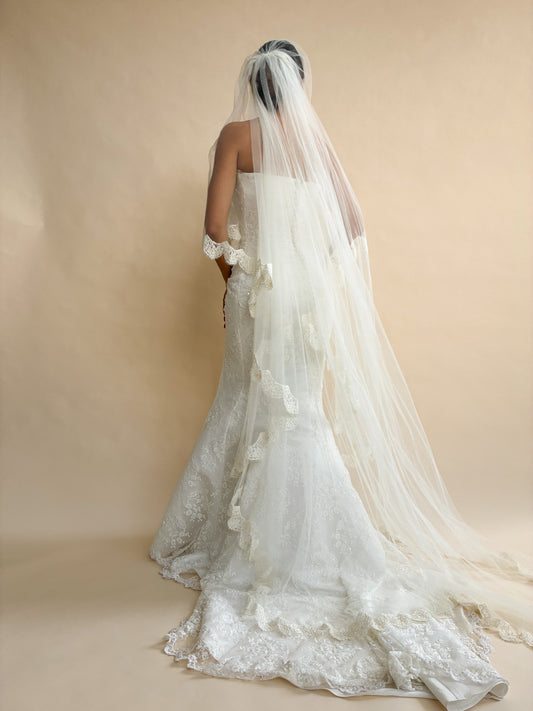 2001 Designer Maggie Sottero Lace Beaded Mermaid Wedding Dress XS S