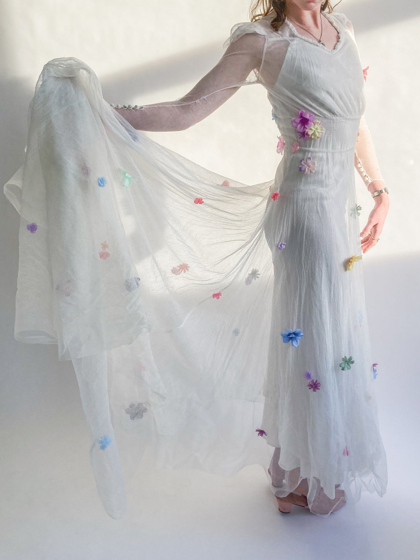 1930s Net Wedding Dress With Flowers and Cathedral Train
