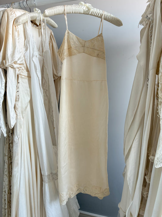 Antique Silk Cream Slip With Lace Trim And Spaghetti Straps