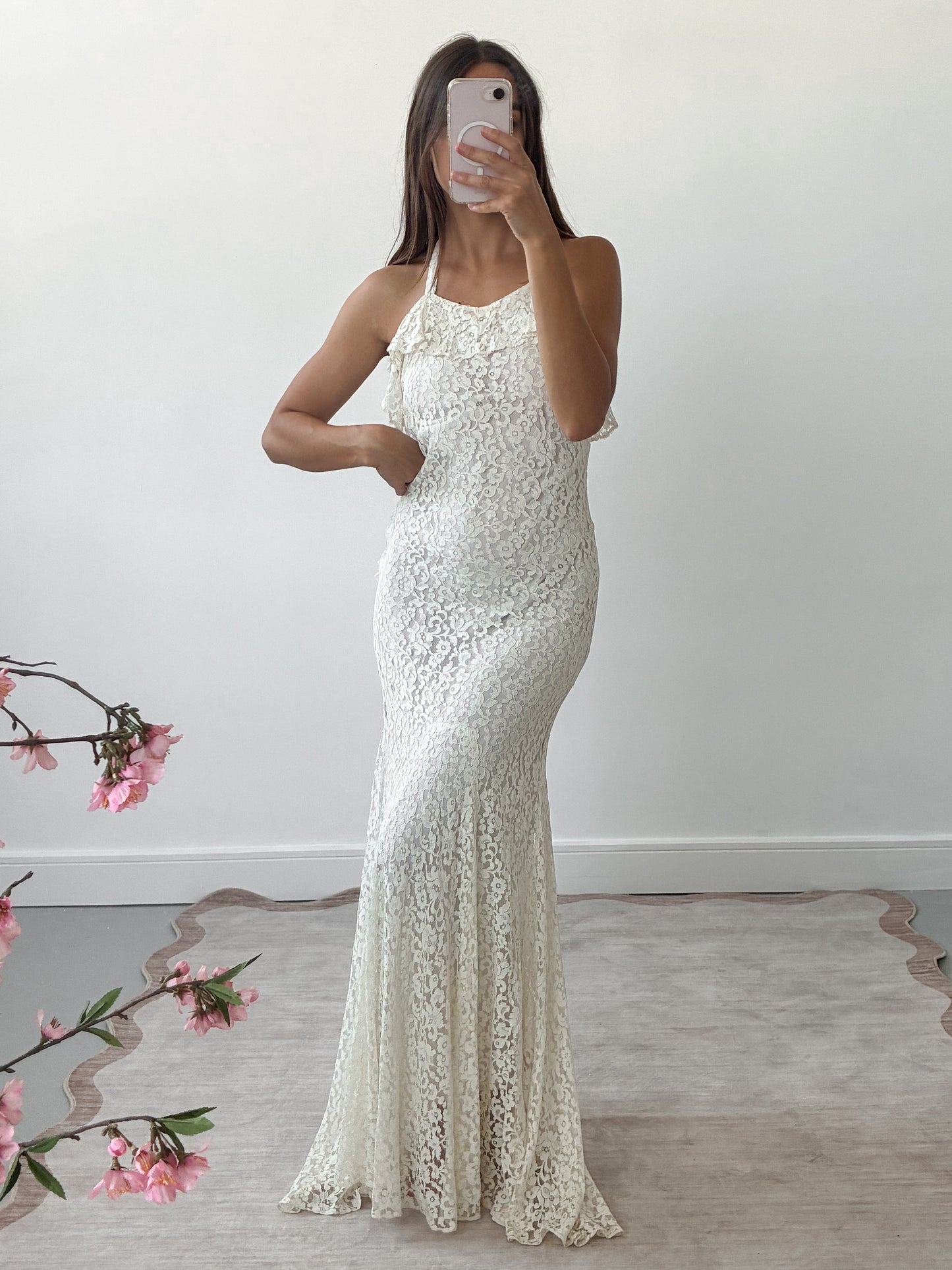 1930s Ivory Ruffled Bias Cut Wedding Dress In Cream Lace With Matching – Adored Closet