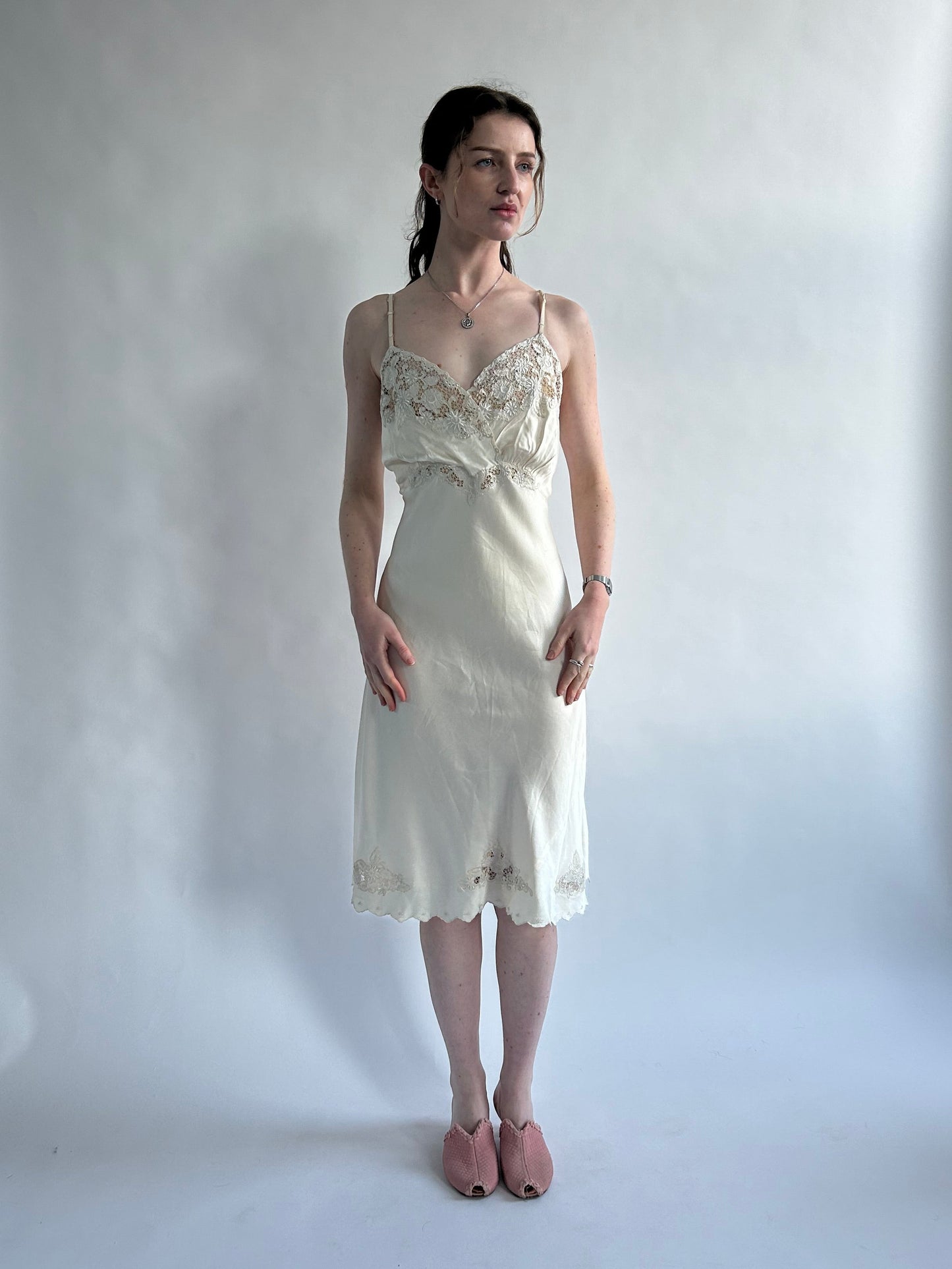 1930s Vanilla Silk Slip With Floral Embroidery