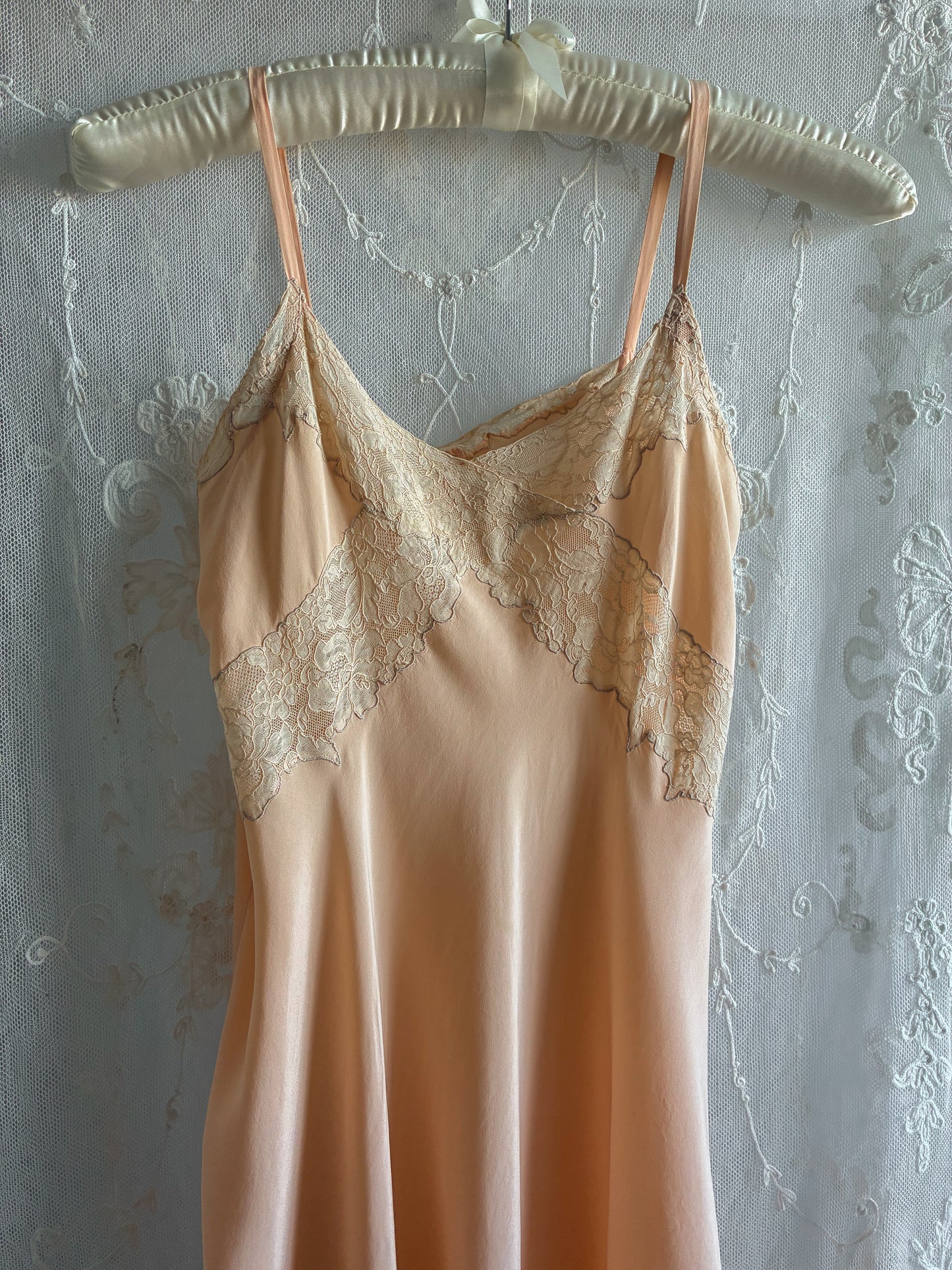 1930s Dusty Orange Midi Silk Slip With Beige Lace