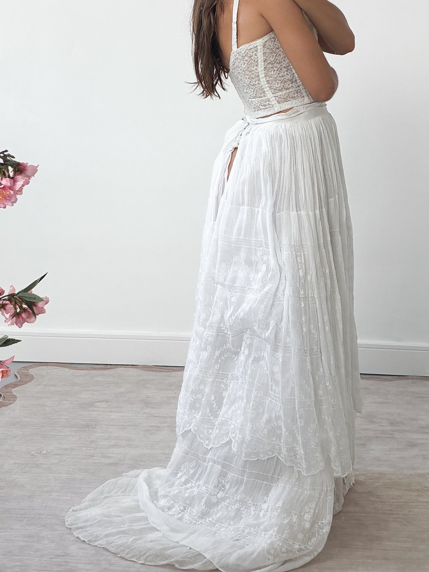 Edwardian Tiered Cotton Lawn Skirt With Floral Embroidery