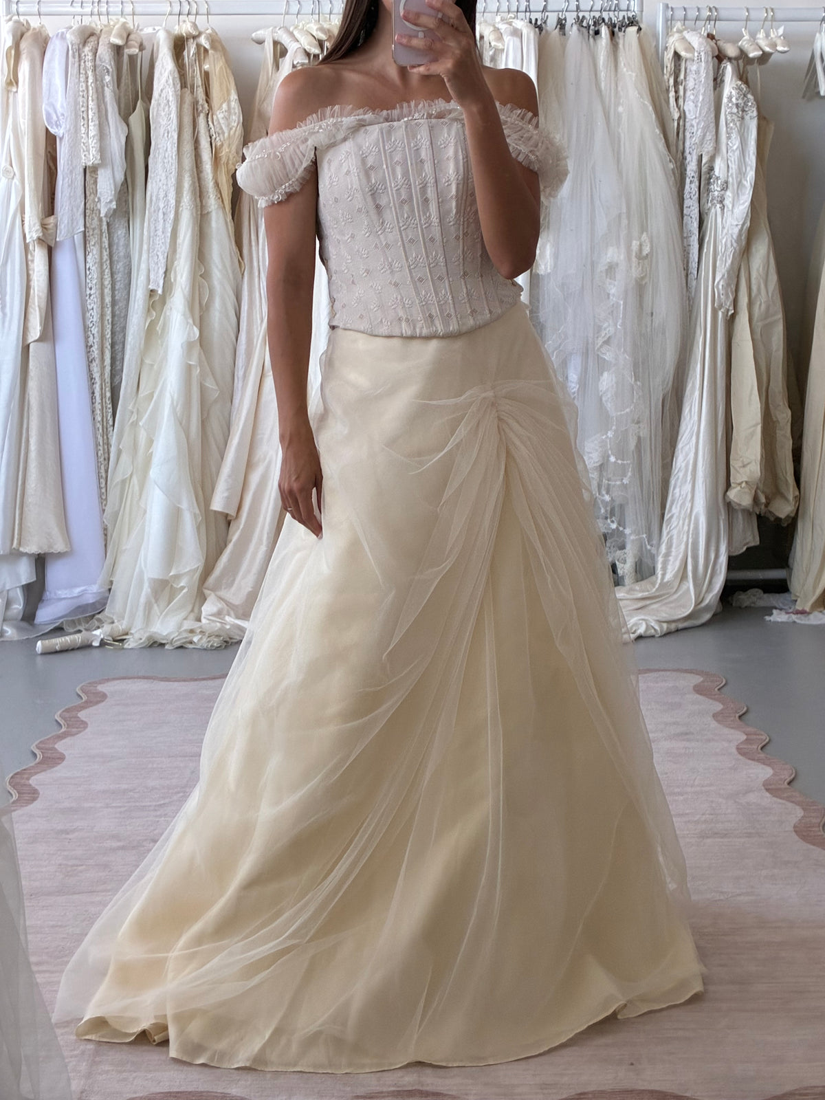 1990s Italian Chiffon Gathered Bridal Skirt In Cream