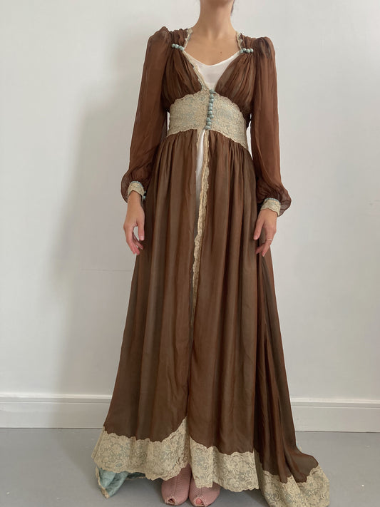 Antique Edwardian Chocolate Chiffon Silk Robe with Balloon Sleeves