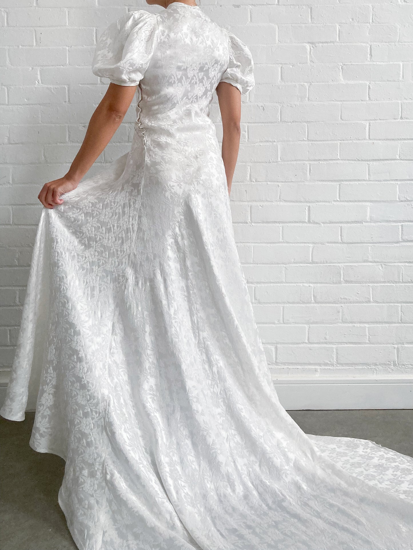 1930s Ivory Jacquard Wedding Gown With Puff Sleeves and Chapel Train