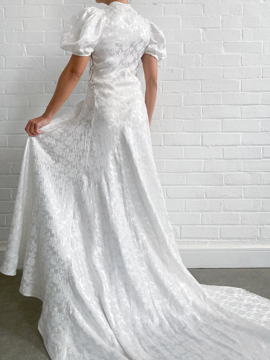 1930s Ivory Jacquard Wedding Gown With Puff Sleeves and Chapel Train