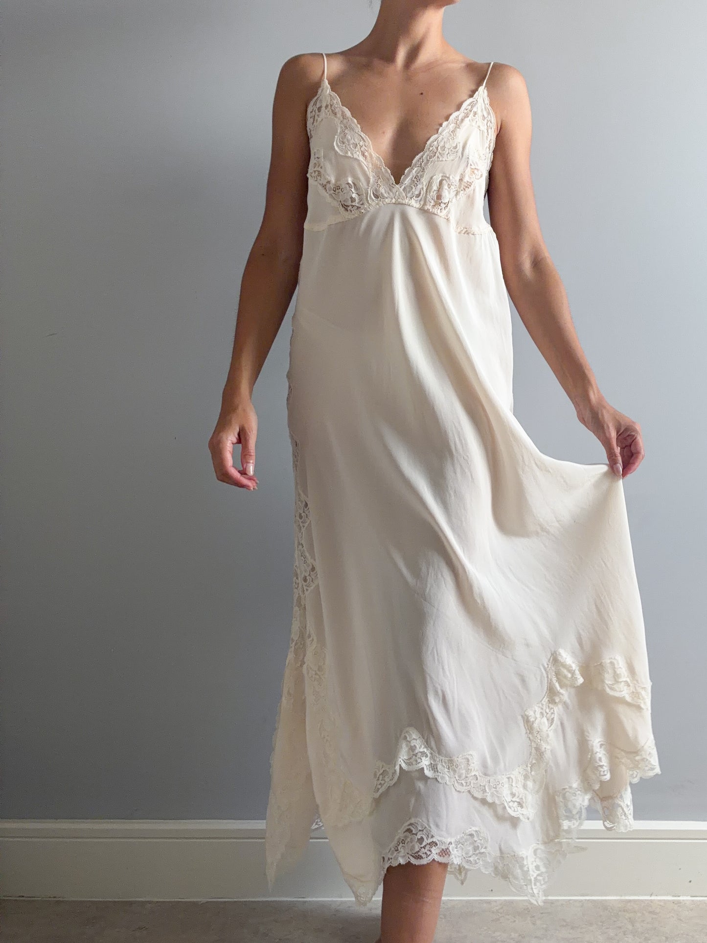 1970s Designer Pure Silk Nightgown With Lace Inserts
