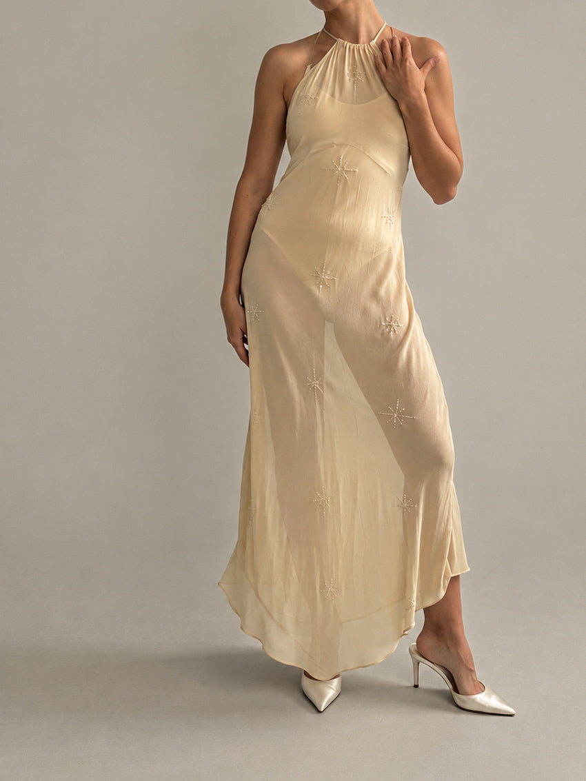 1990s Yellow Silk Chiffon Halterneck Slip Gown XS S M