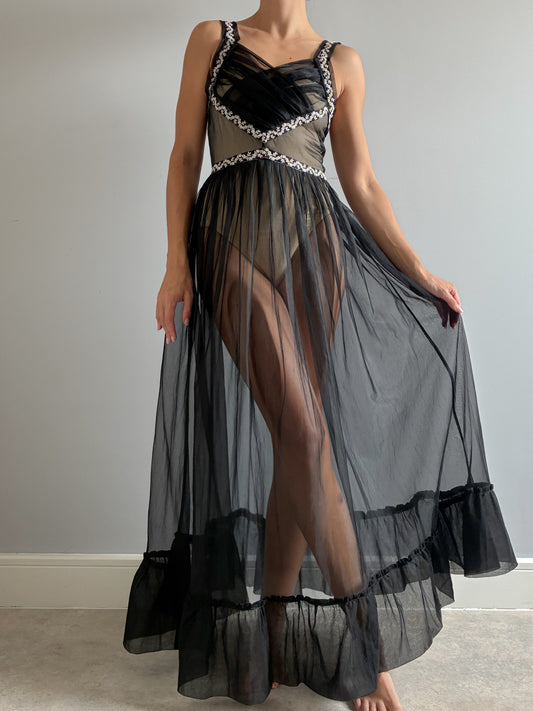 1950s Black Sheer Nightdress With Floral Embroidery