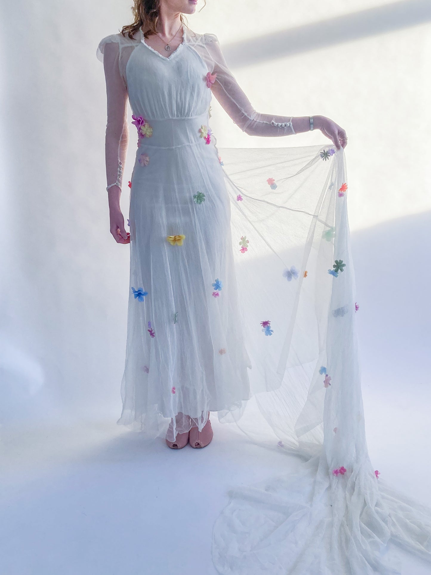 1930s Net Wedding Dress With Flowers and Cathedral Train