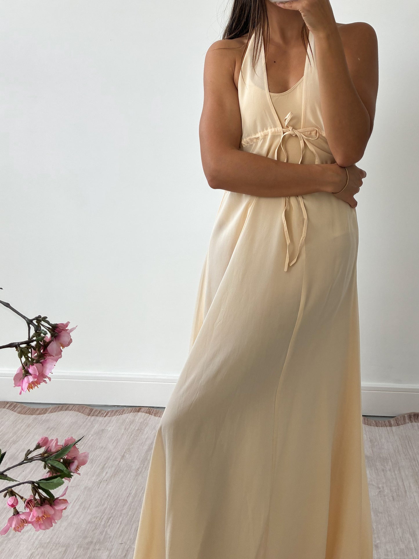 1990s Yellow Silk Halterneck Gown L XL