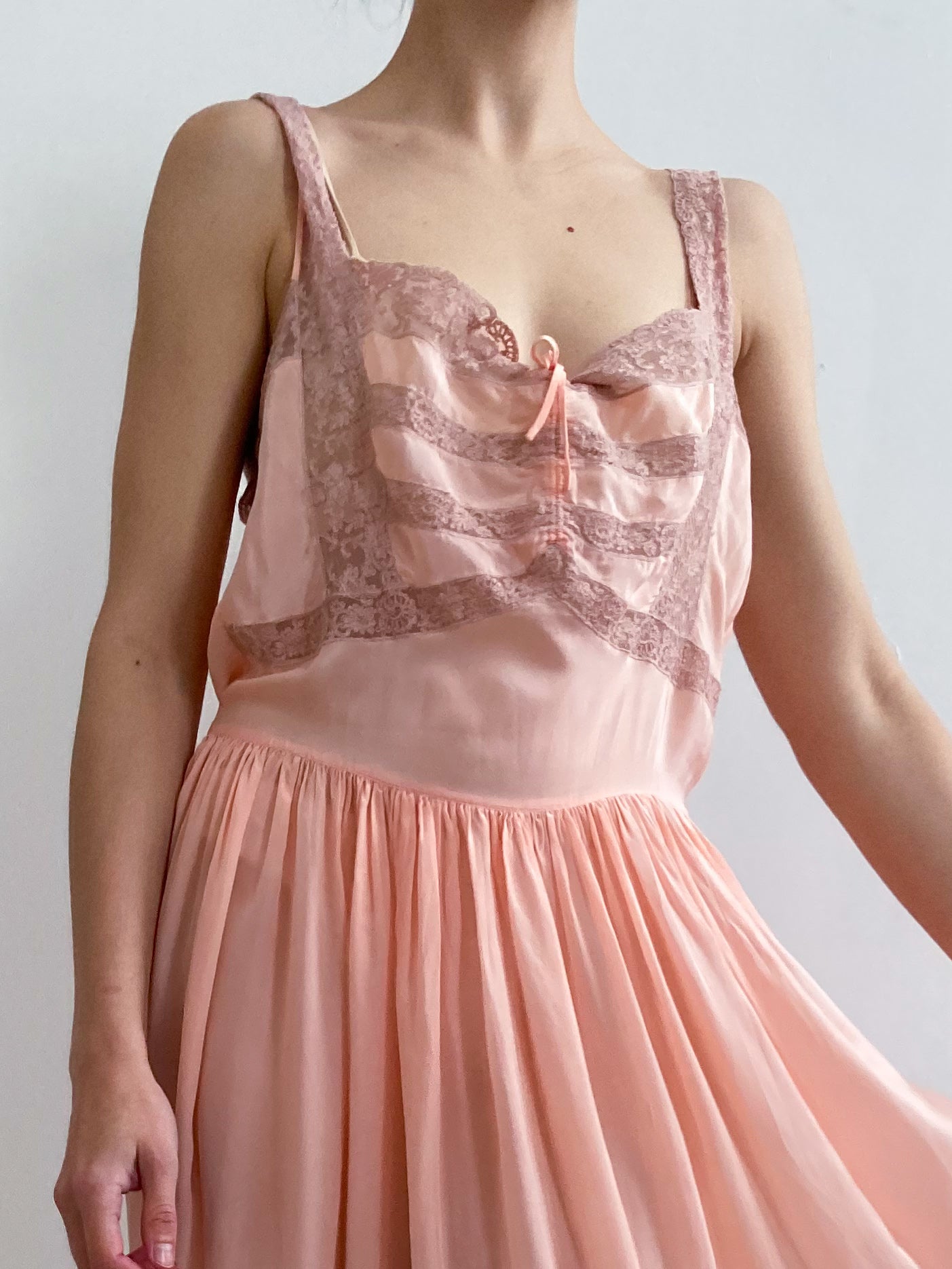 1930s Silk Chiffon Pink Slip Gown with Pink Lace M/L