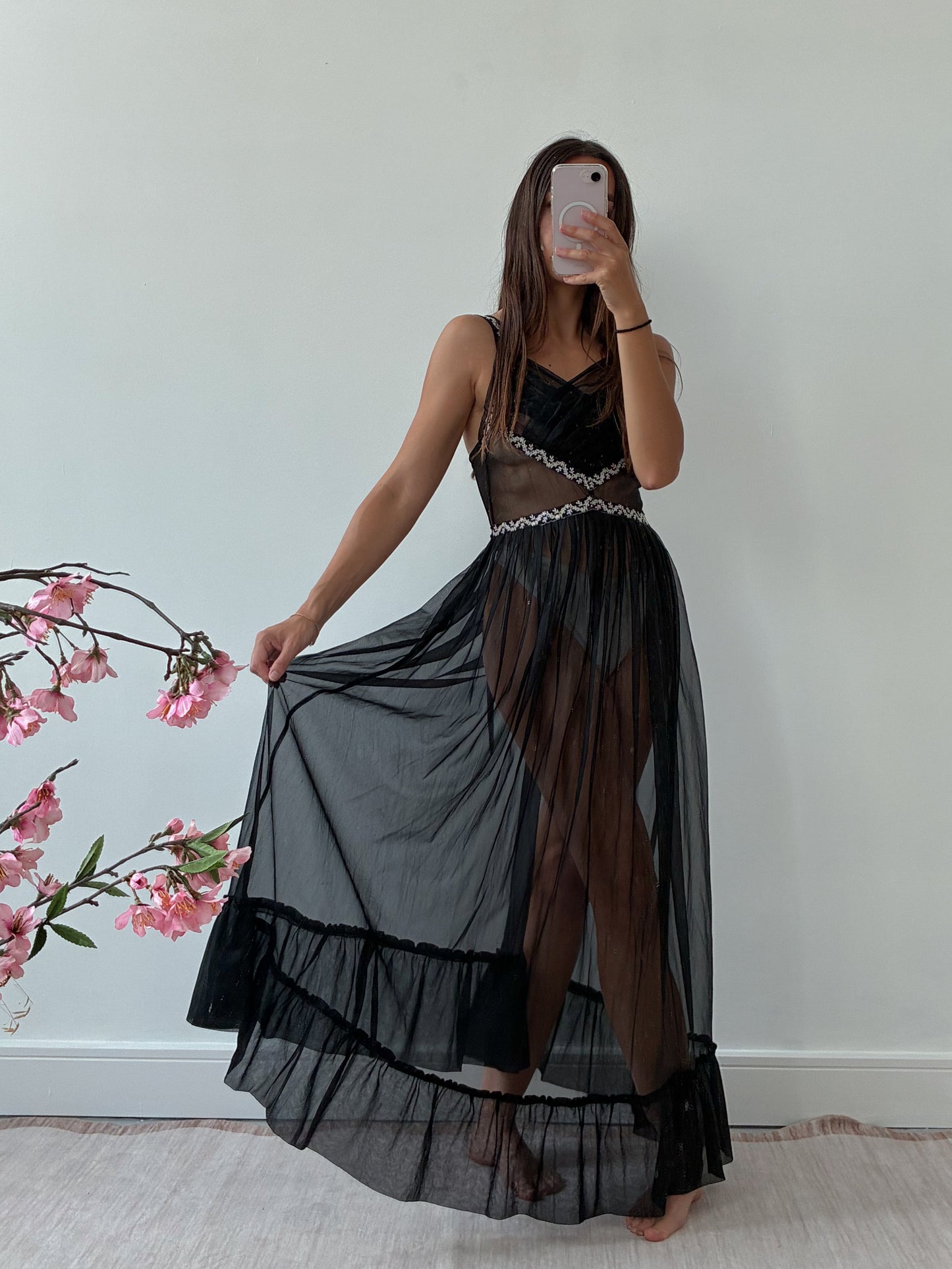 1950s Black Sheer Nightdress With Floral Embroidery