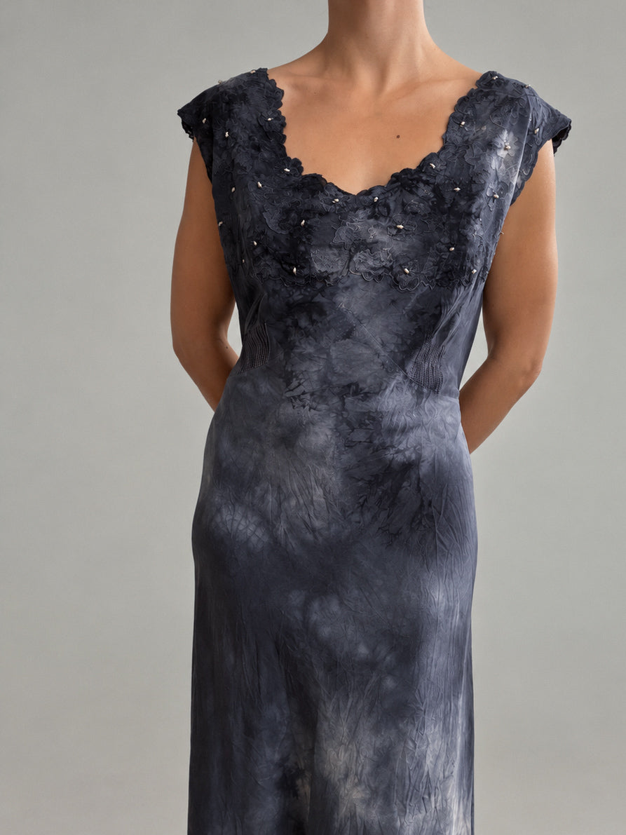 1930s Silk Nightgown With Floral Lace & Pearl Beading In Midnight Blue M L