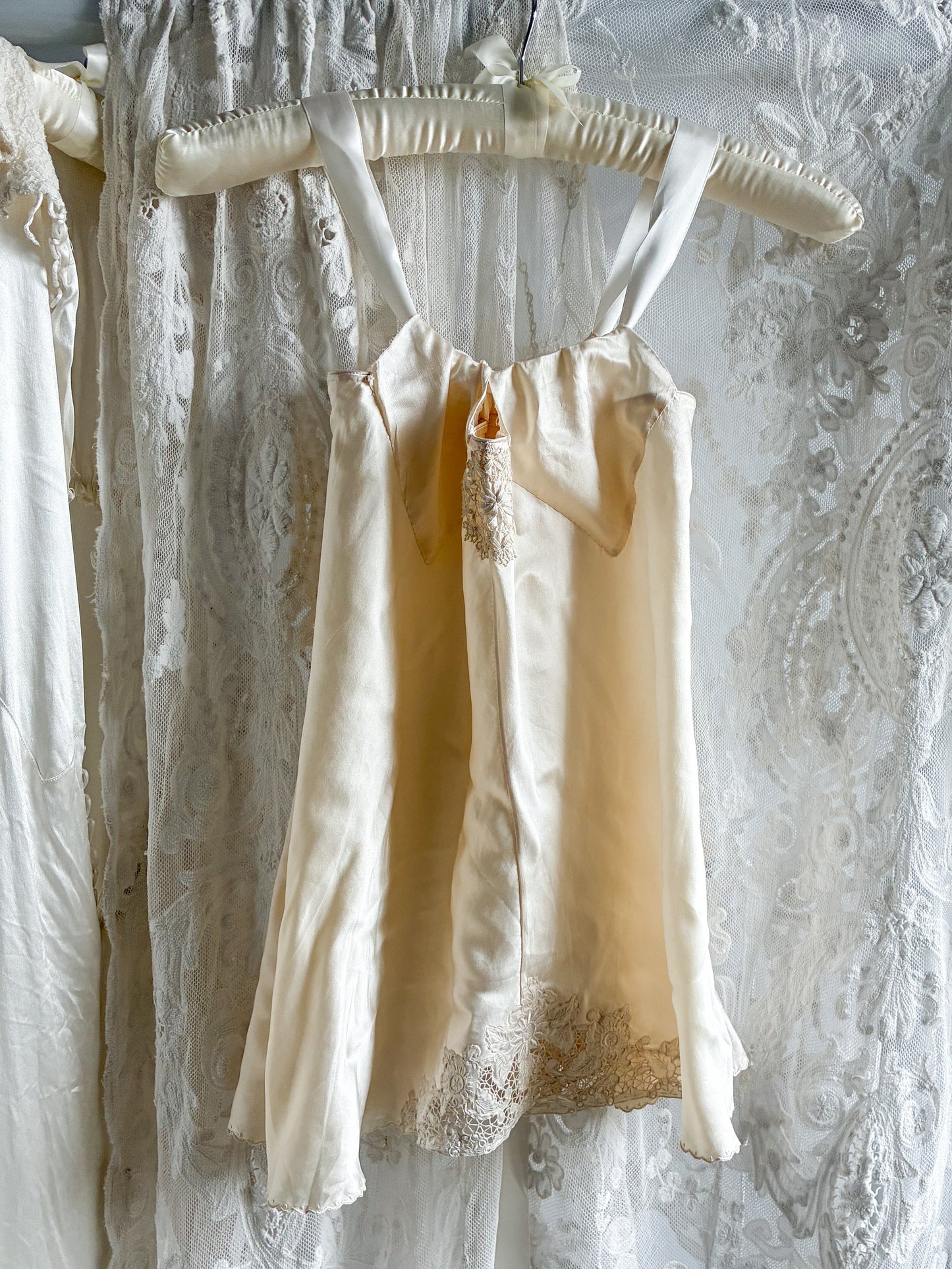Antique Pure Silk Embroidered Camisole With Satin Straps In Vanilla