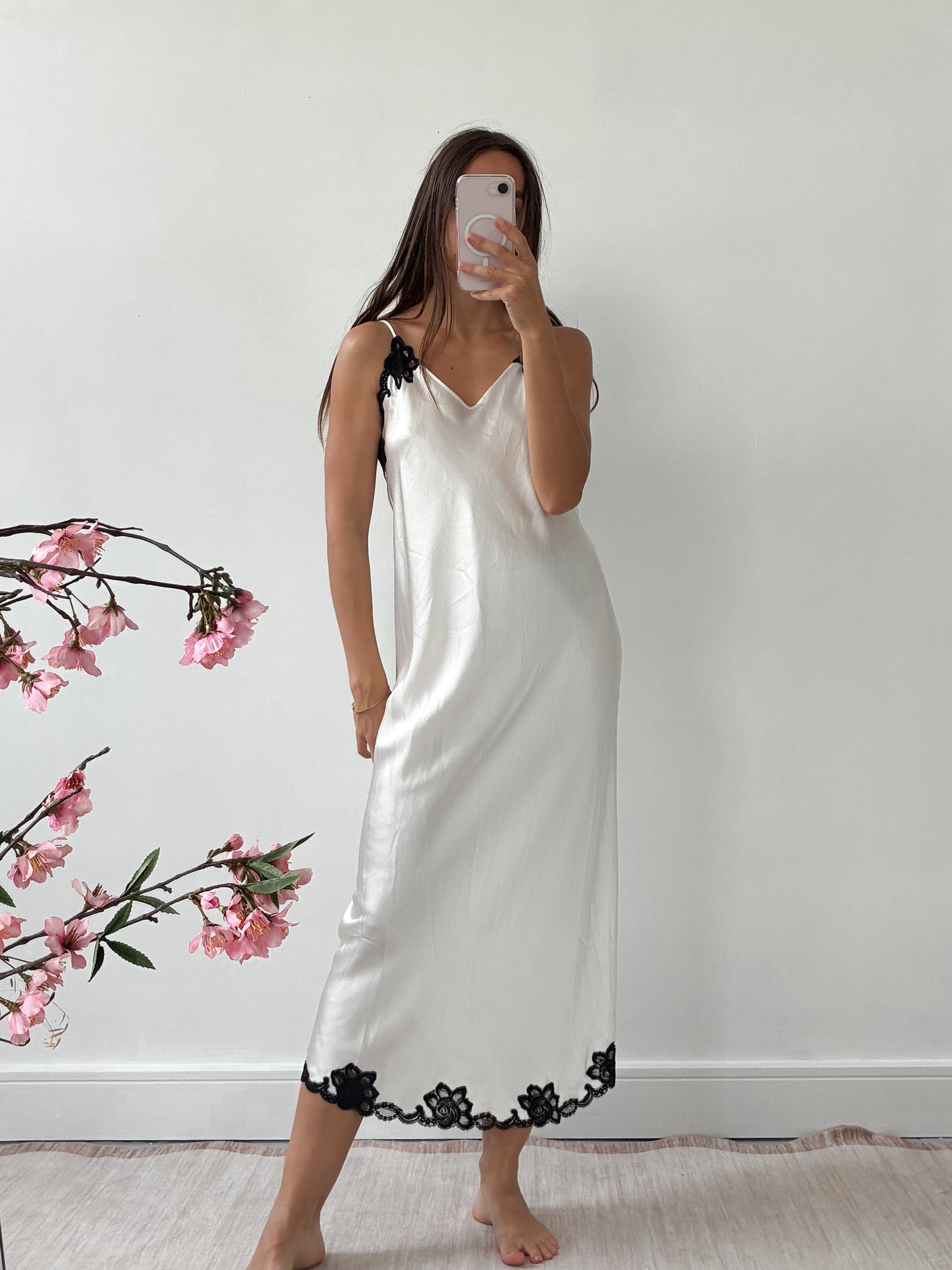 1990s Silk Slip Gown With Cross Back And Black Lace
