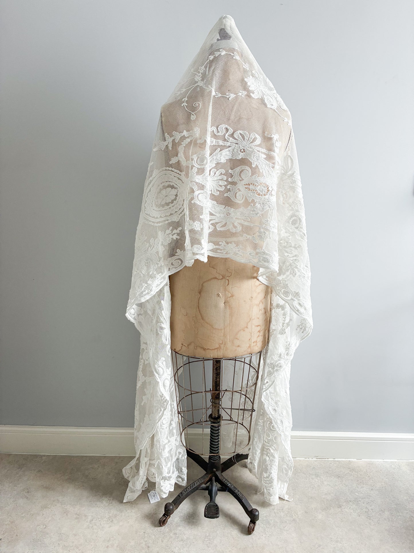 Antique French Heavy Cotton Tambour Tape Lace Veil