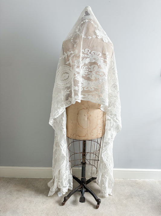 Antique French Heavy Cotton Tambour Tape Lace Veil